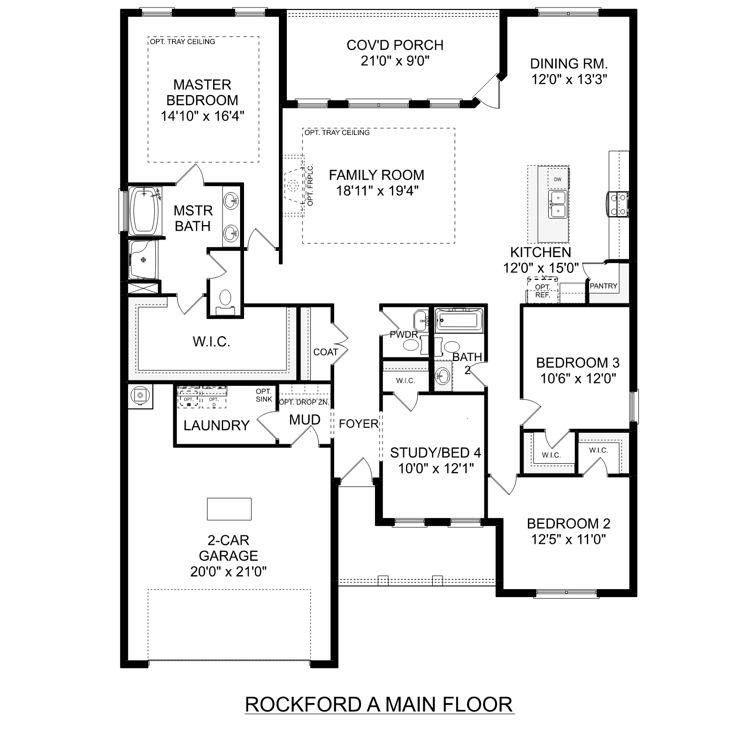 Rockford floor plan: 1-story 3-4 bed layout with master suite, open kitchen, family room, dining, 2-car garage by Davidson Homes