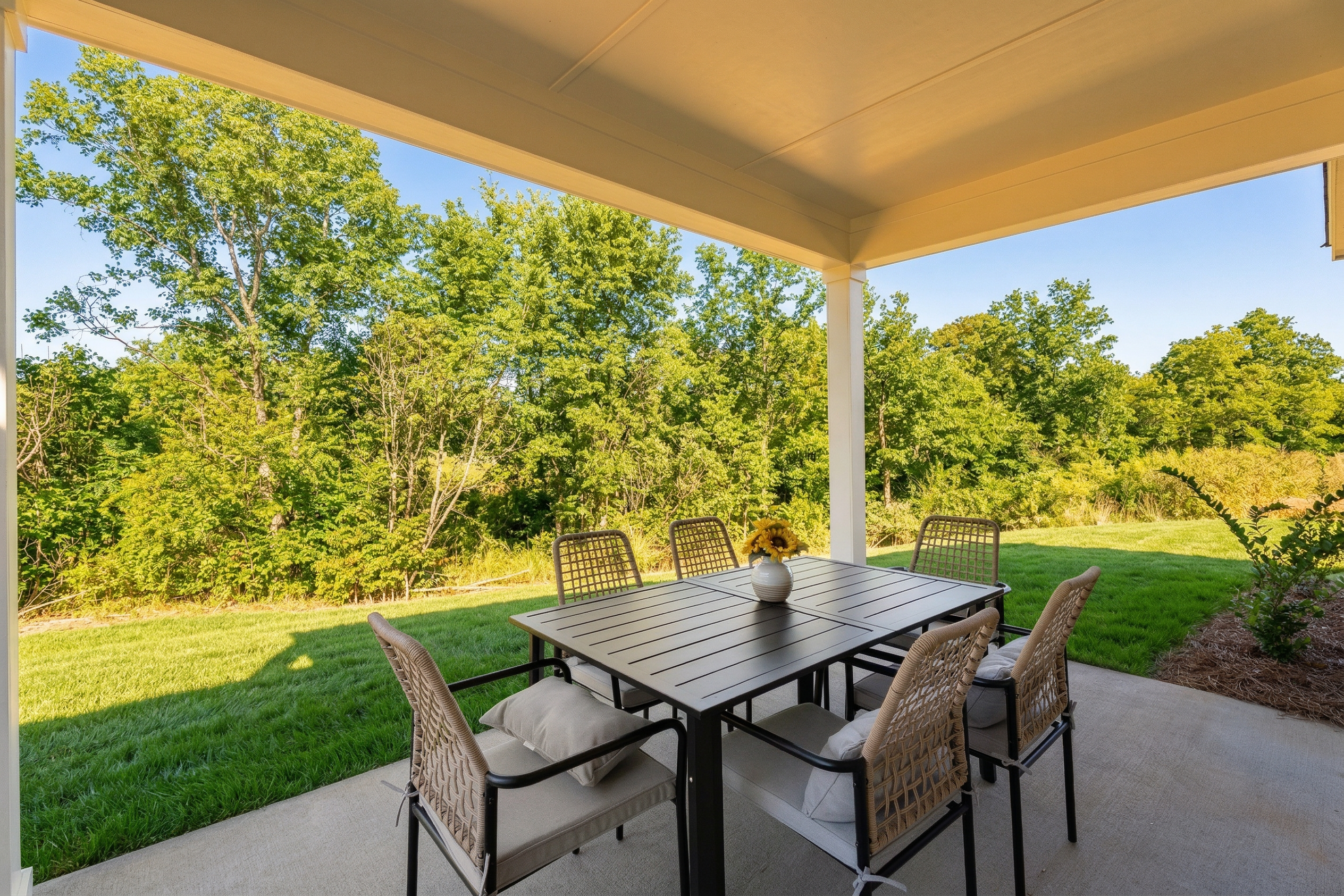 Covered back patio with table and chairs