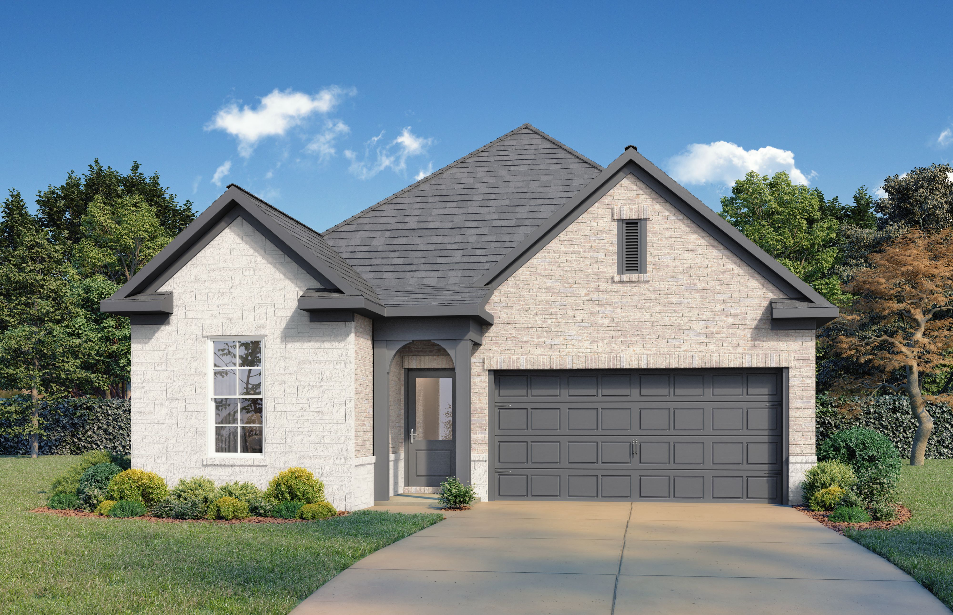 Modern white brick elevation of the Brookside single-story home with gray roof, 2-car garage, and lush landscaping