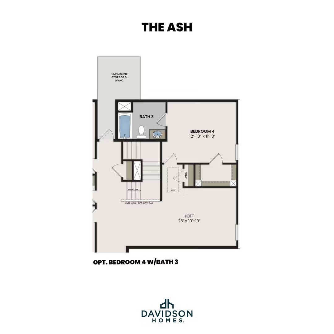 Second-floor plan for The Ash home design by Davidson Homes featuring a spacious loft, bedroom 4, and full bathroom 3.