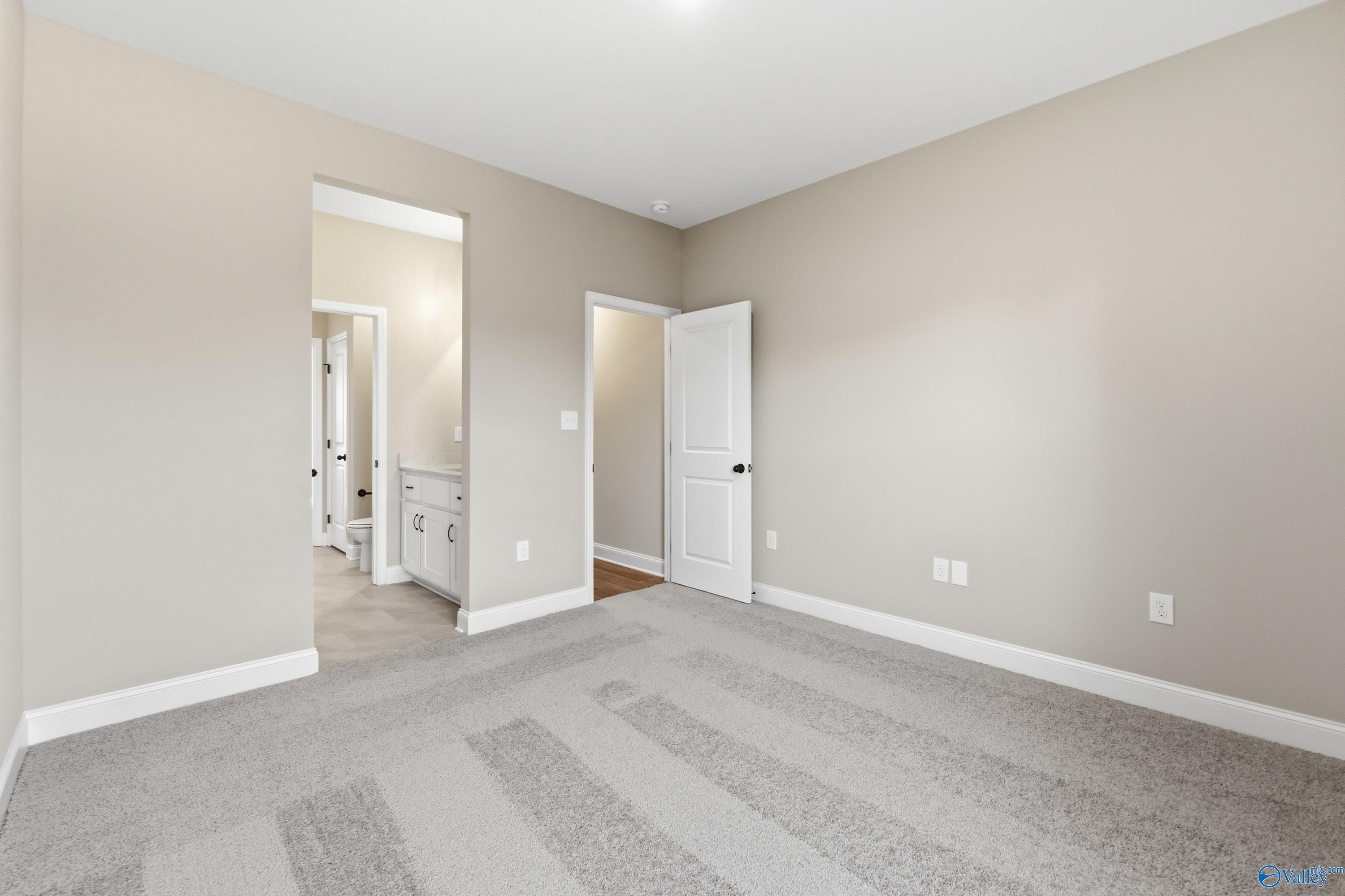 Bright bedroom with en-suite bath, single vanity sink, beige walls, carpet floor in Davidson Homes The Finleigh, Meridianville, AL