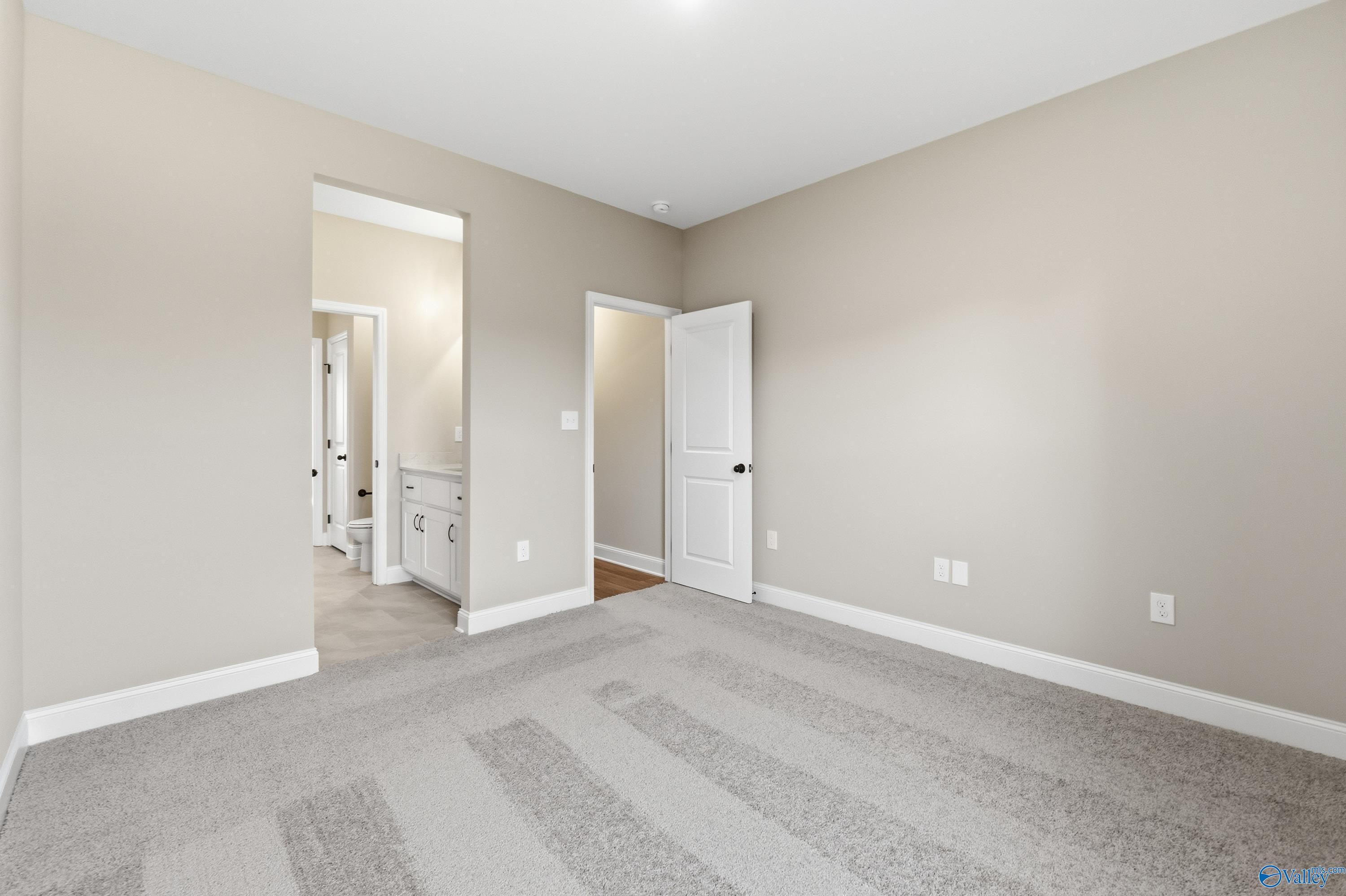 Bright bedroom with en-suite bath, single vanity sink, beige walls, carpet floor in Davidson Homes The Finleigh, Meridianville, AL
