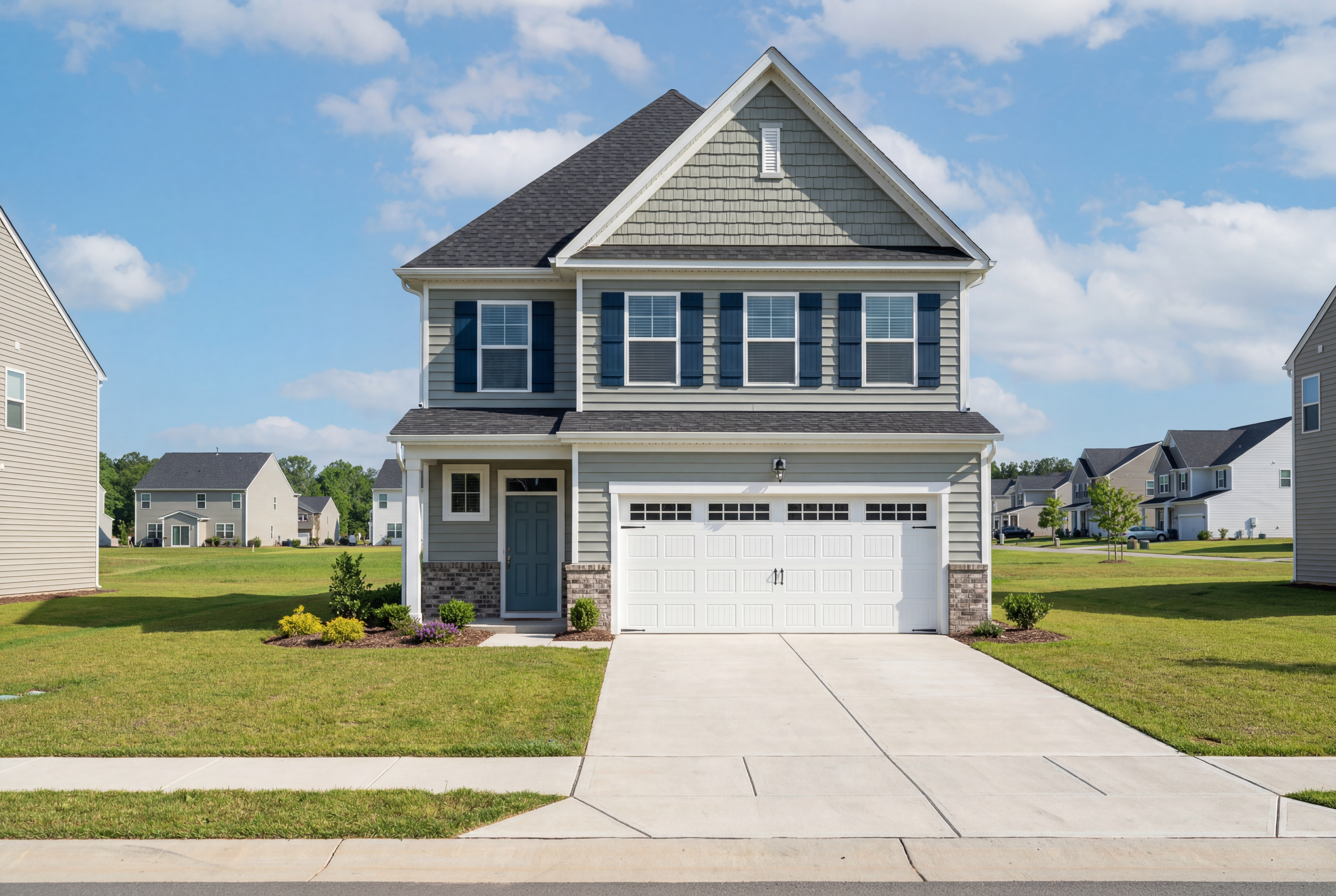 Modern two-story Preston A home elevation by Davidson Homes with gray siding, stone accents, blue shutters, and two-car garage in Wendell NC