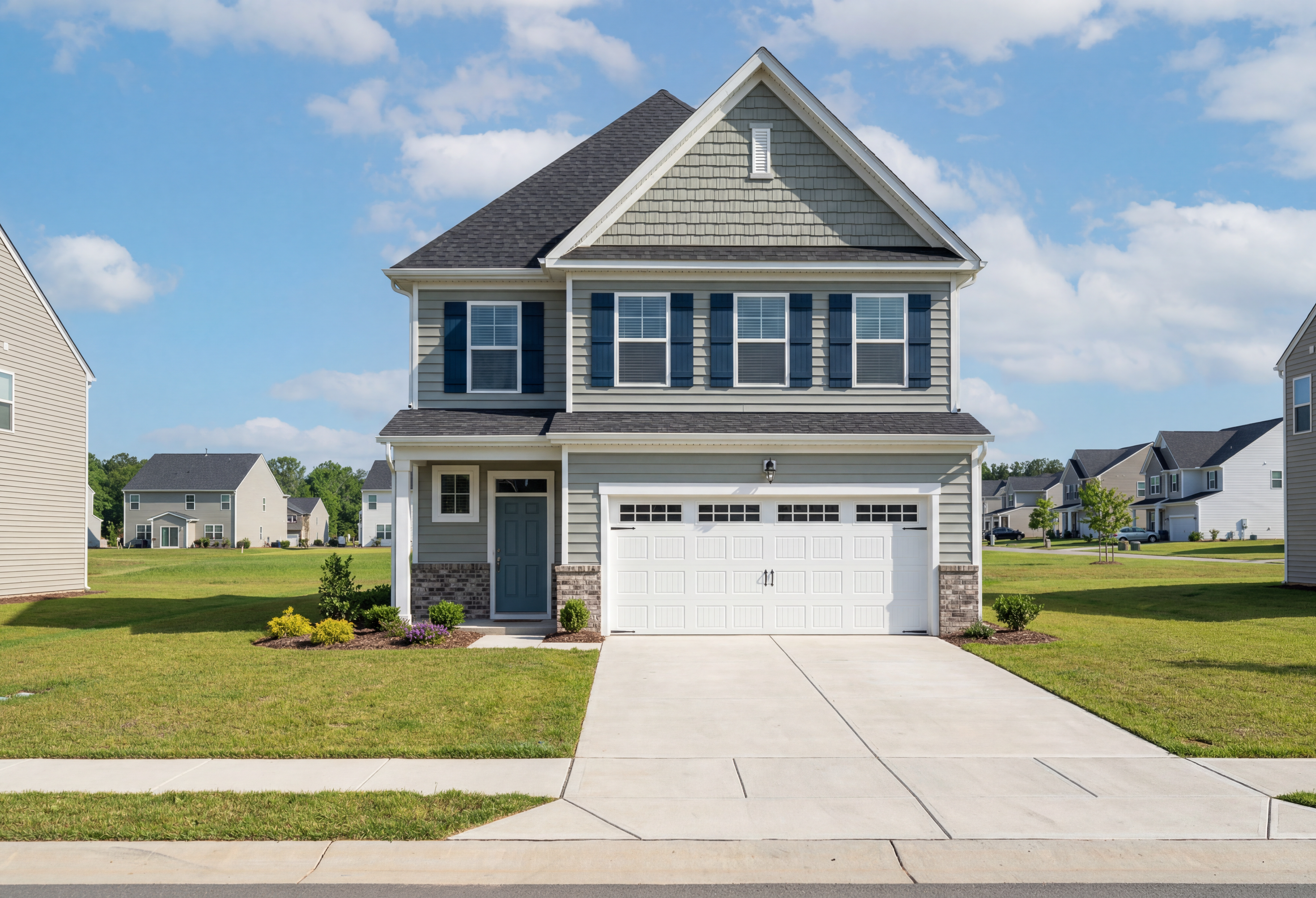 Modern two-story Preston A home elevation by Davidson Homes with gray siding, stone accents, blue shutters, and two-car garage in Wendell NC