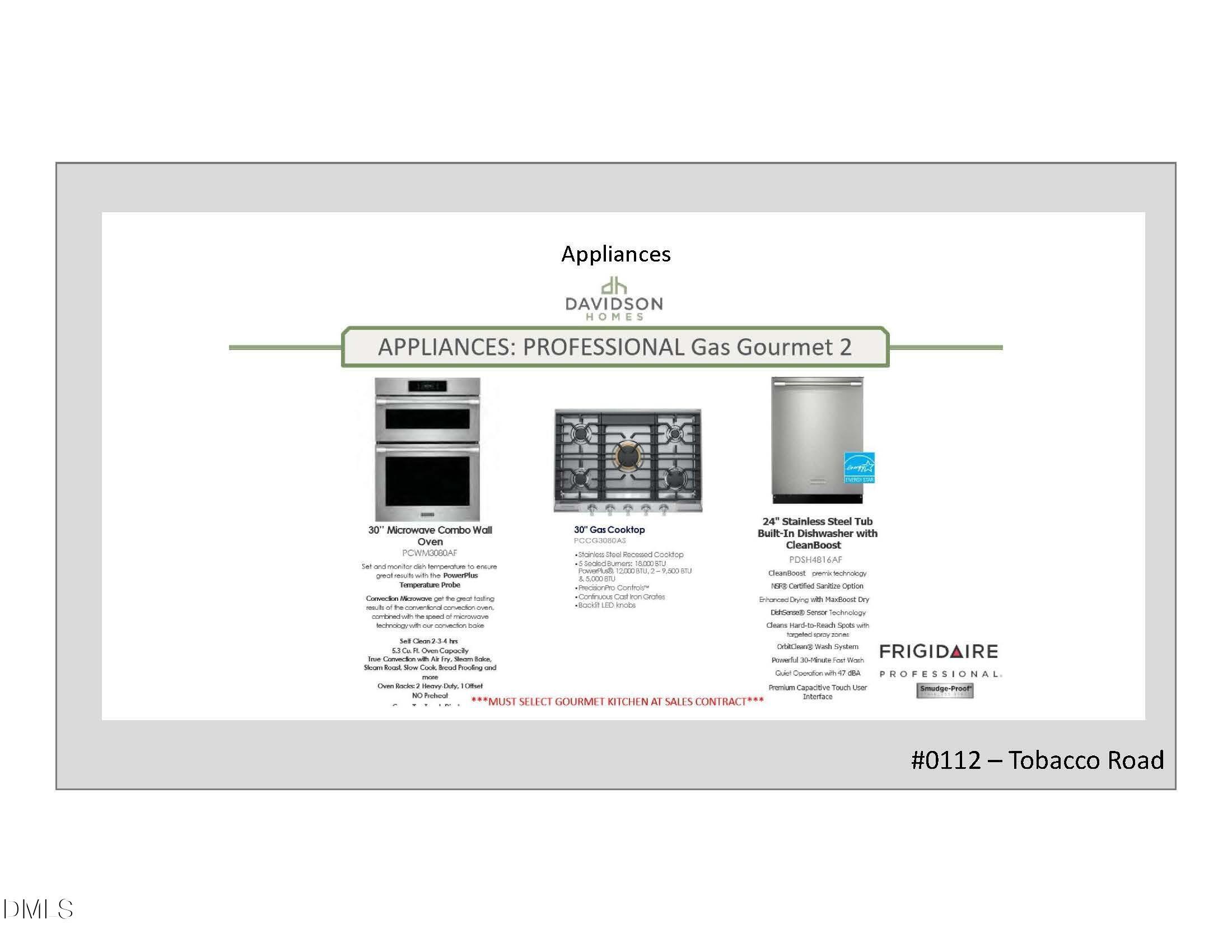 Professional gas range, wall oven, dishwasher, and Frigidaire refrigerator in Davidson Homes Crawford D kitchen, Tobacco Road, Angier, NC
