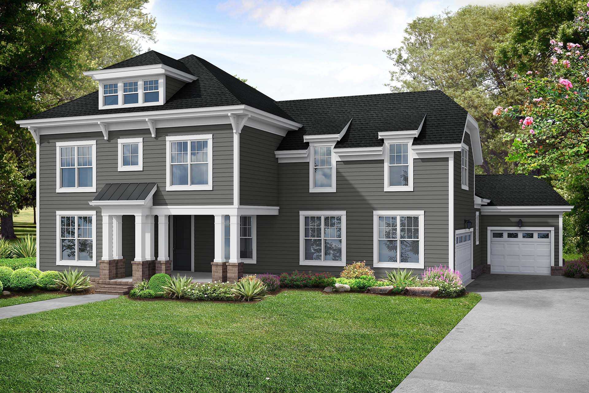 Two-story Hathaway home elevation featuring gray siding, black roof, front porch, and 3-car garage amid landscaped yard