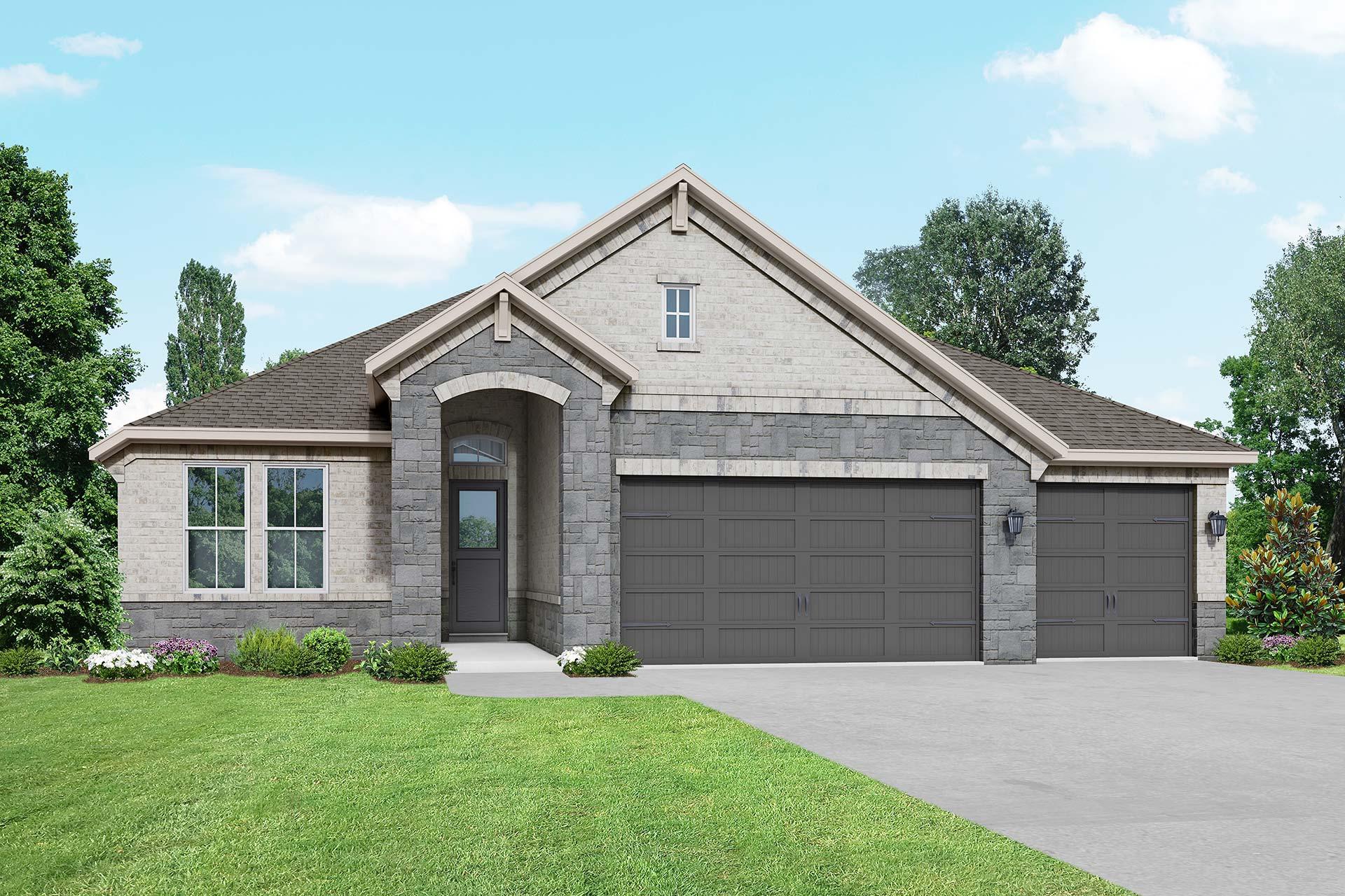 Elizabeth B single-story home exterior in Rosharon TX featuring stone and brick facade, arched entry, 3-car garage