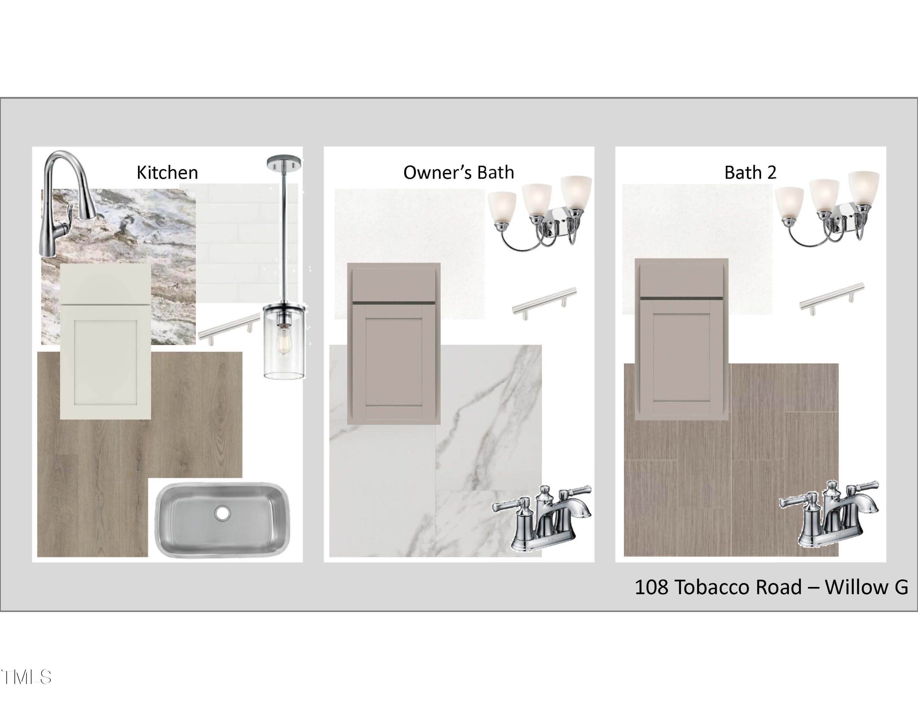 Modern kitchen, owner's bath, and bath 2 fixtures with neutral tiles and cabinets in Davidson Homes The Willow G, Angier, NC