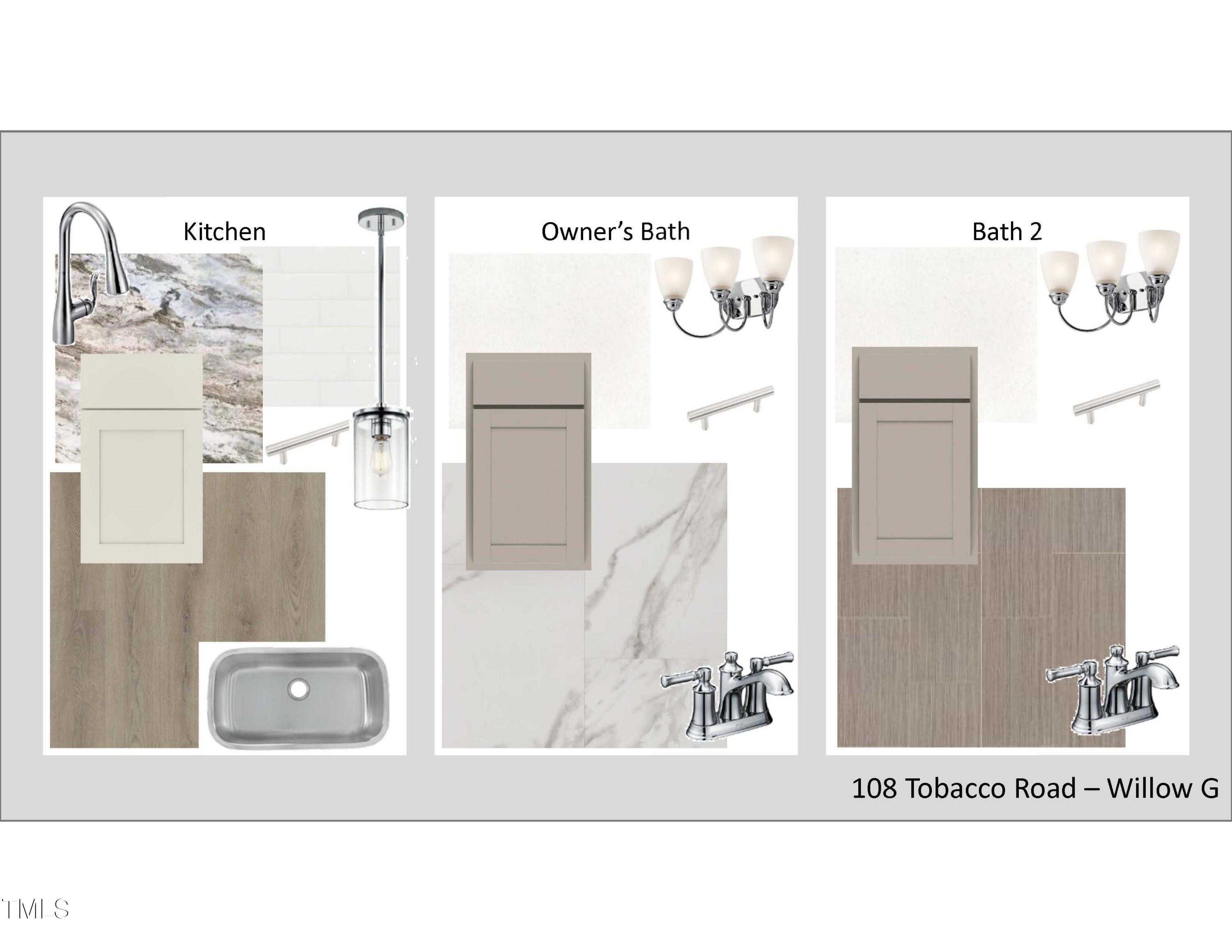 Kitchen and bath design mood board with chrome faucets, marble counters, white cabinets for Willow floor plan, 108 Tobacco Road, Angier NC