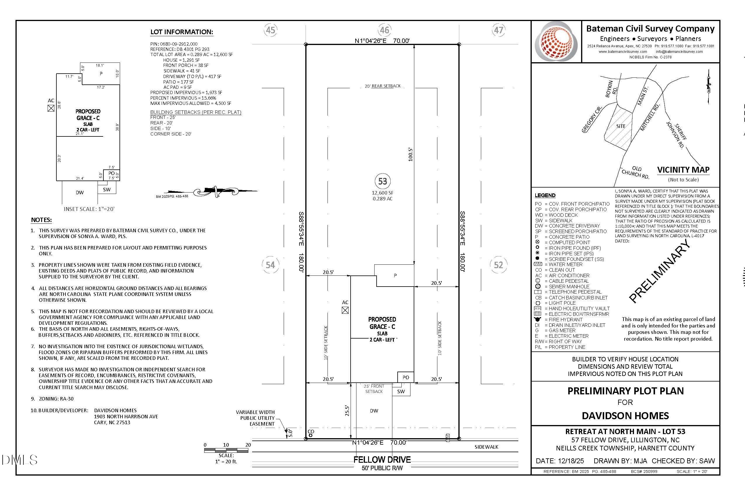 Preliminary plot plan for Davidson Homes The Grace C 3-bedroom in Retreat at North Main, Lillington, NC, with lot boundaries, setbacks, and driveway