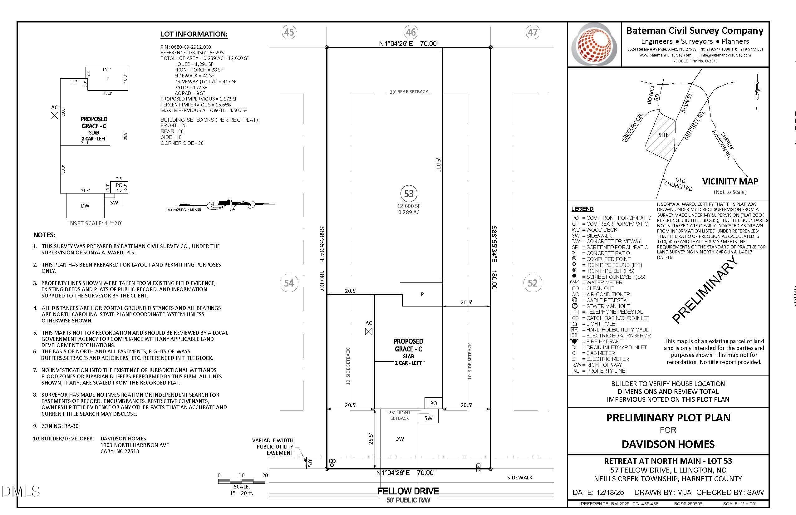 Preliminary plot plan for Davidson Homes The Grace C 3-bedroom in Retreat at North Main, Lillington, NC, with lot boundaries, setbacks, and driveway