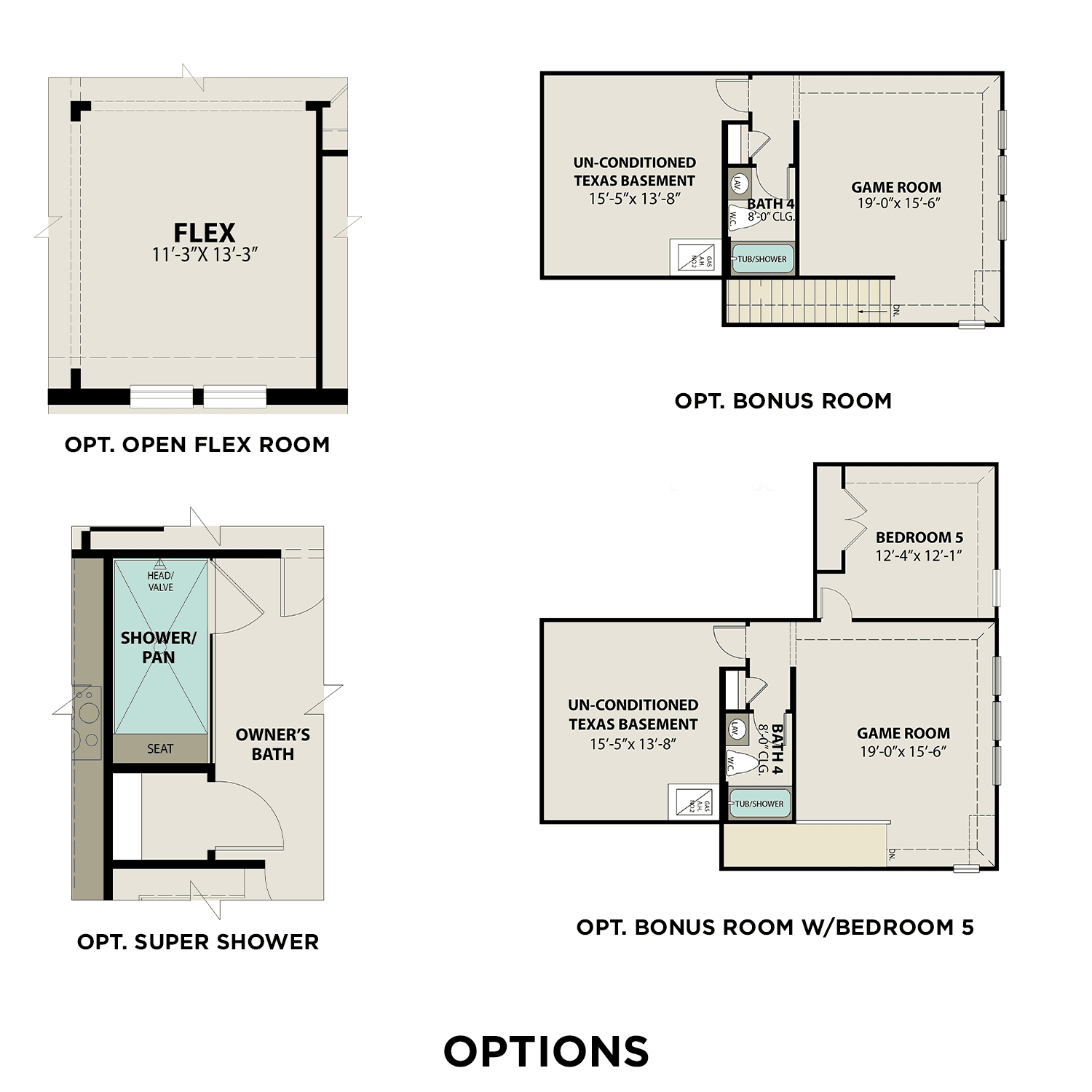 Floor plan options for The George C showcasing unfinished basement, game room, flex room, super shower, and bonus room with fifth bedroom