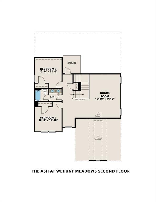 Second floor plan of The Ash C with two bedrooms, bonus room, baths, and storage in Wehunt Meadows, Hoschton, Georgia