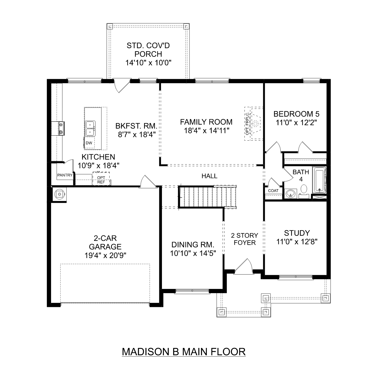First floor layout of The Madison B featuring open kitchen, breakfast room, family area, dining, study, and 2-car garage