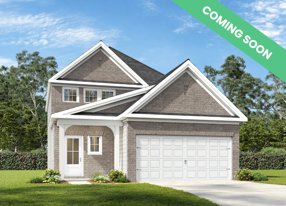 Two-story exterior elevation of The Pinecrest H featuring a brick and shingle facade and a two-car garage.