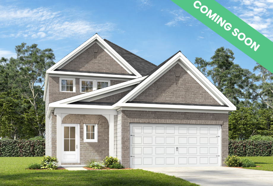 Two-story exterior elevation of The Pinecrest H featuring a brick and shingle facade and a two-car garage.