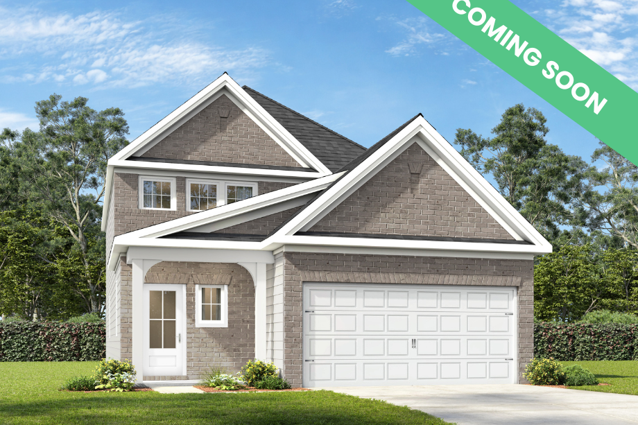Two-story exterior elevation of The Pinecrest H featuring a brick and shingle facade and a two-car garage.