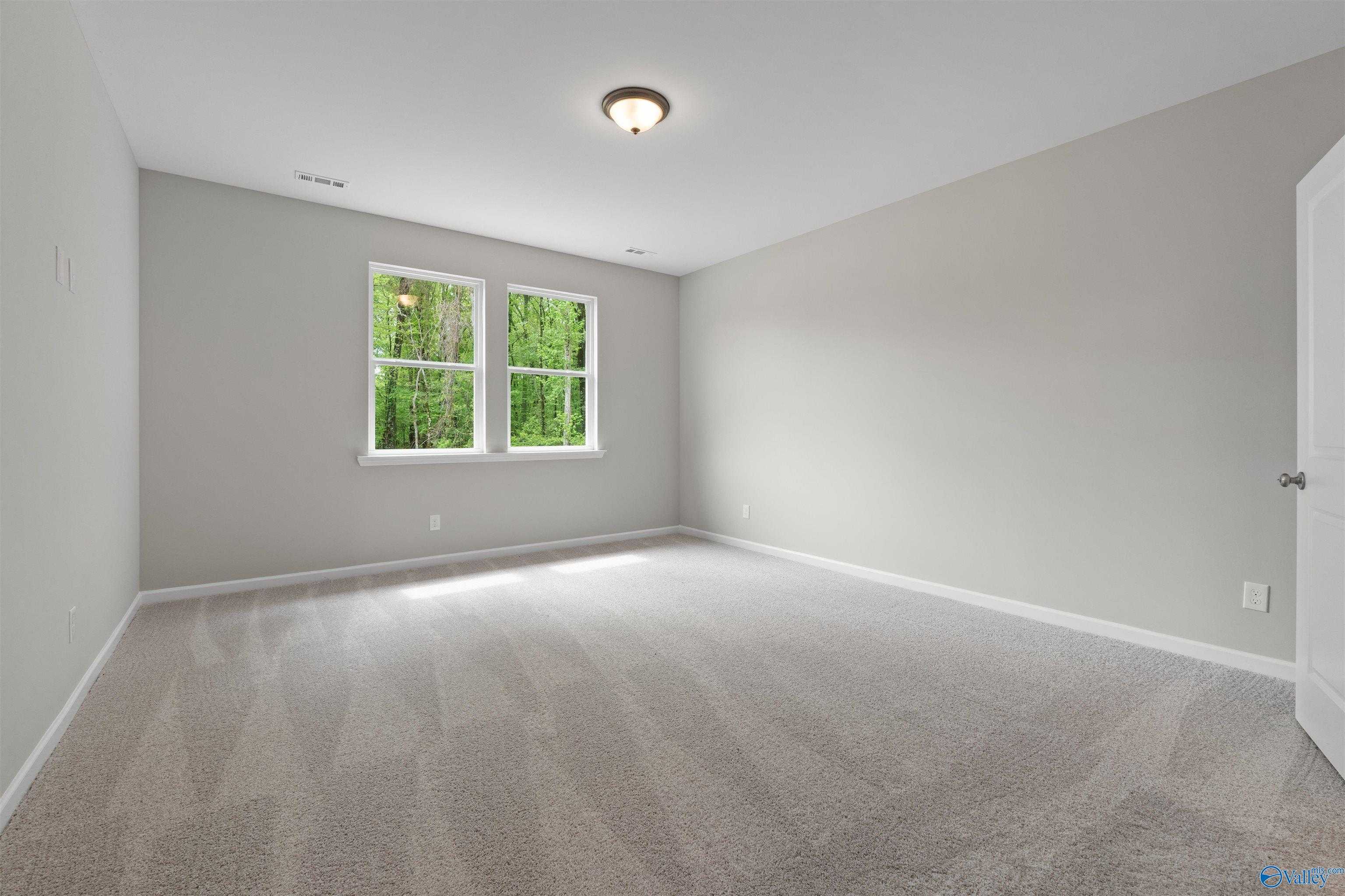 Bright secondary bedroom with neutral gray walls, double windows overlooking trees, and plush carpet in Davidson Homes The Luna, Hazel Green, Alabama
