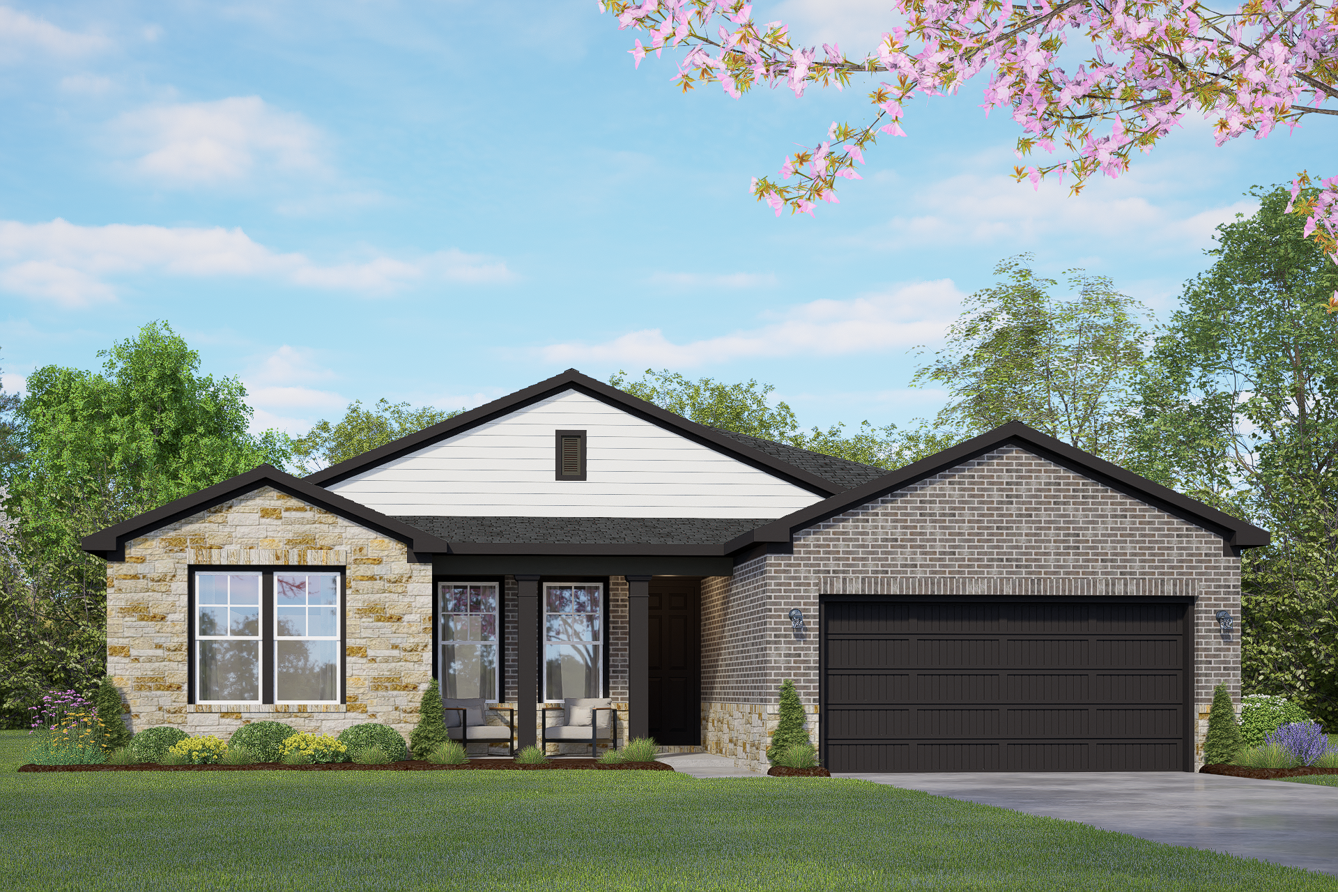Modern Rockford single-story home exterior featuring stone and brick facade, covered porch, 2-car garage, and lush landscaping
