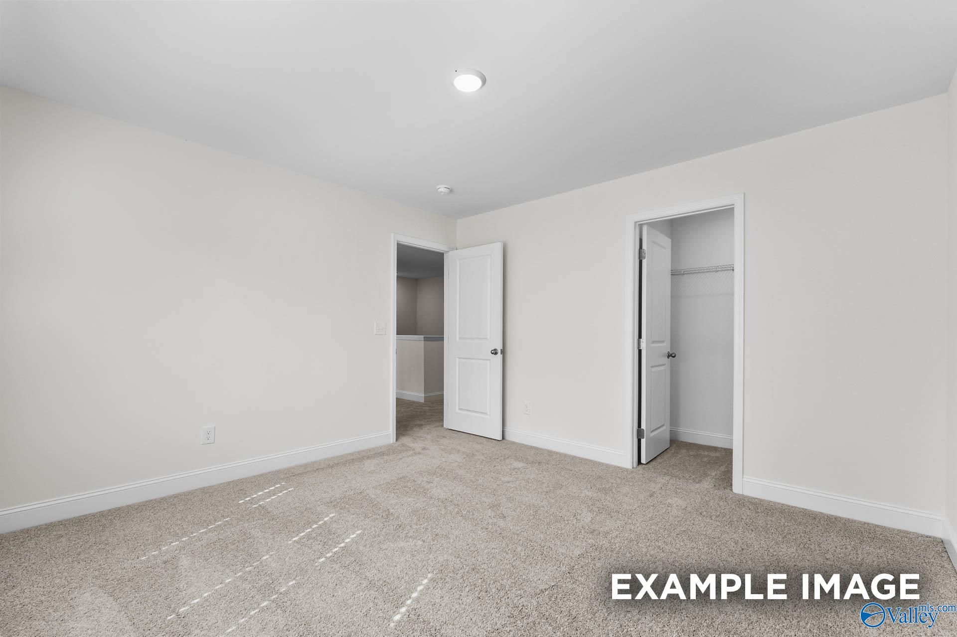 Bright secondary bedroom with beige carpet, open closet doors, and adjacent bath in Davidson Homes The Shelby A, Hazel Green, AL