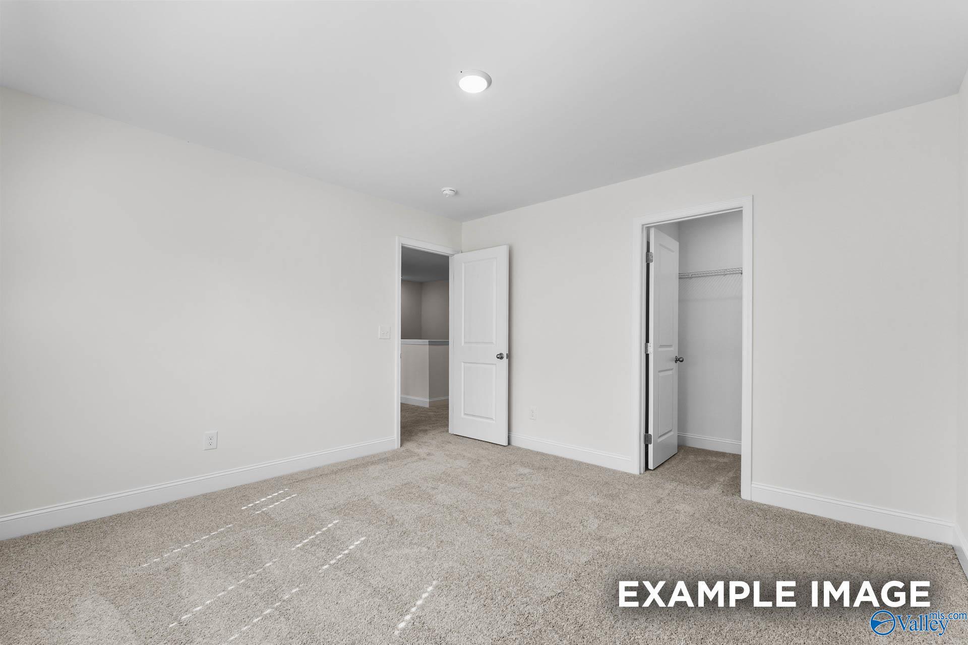 Bright secondary bedroom with beige carpet, open closet doors, and adjacent bath in Davidson Homes The Shelby A, Hazel Green, AL