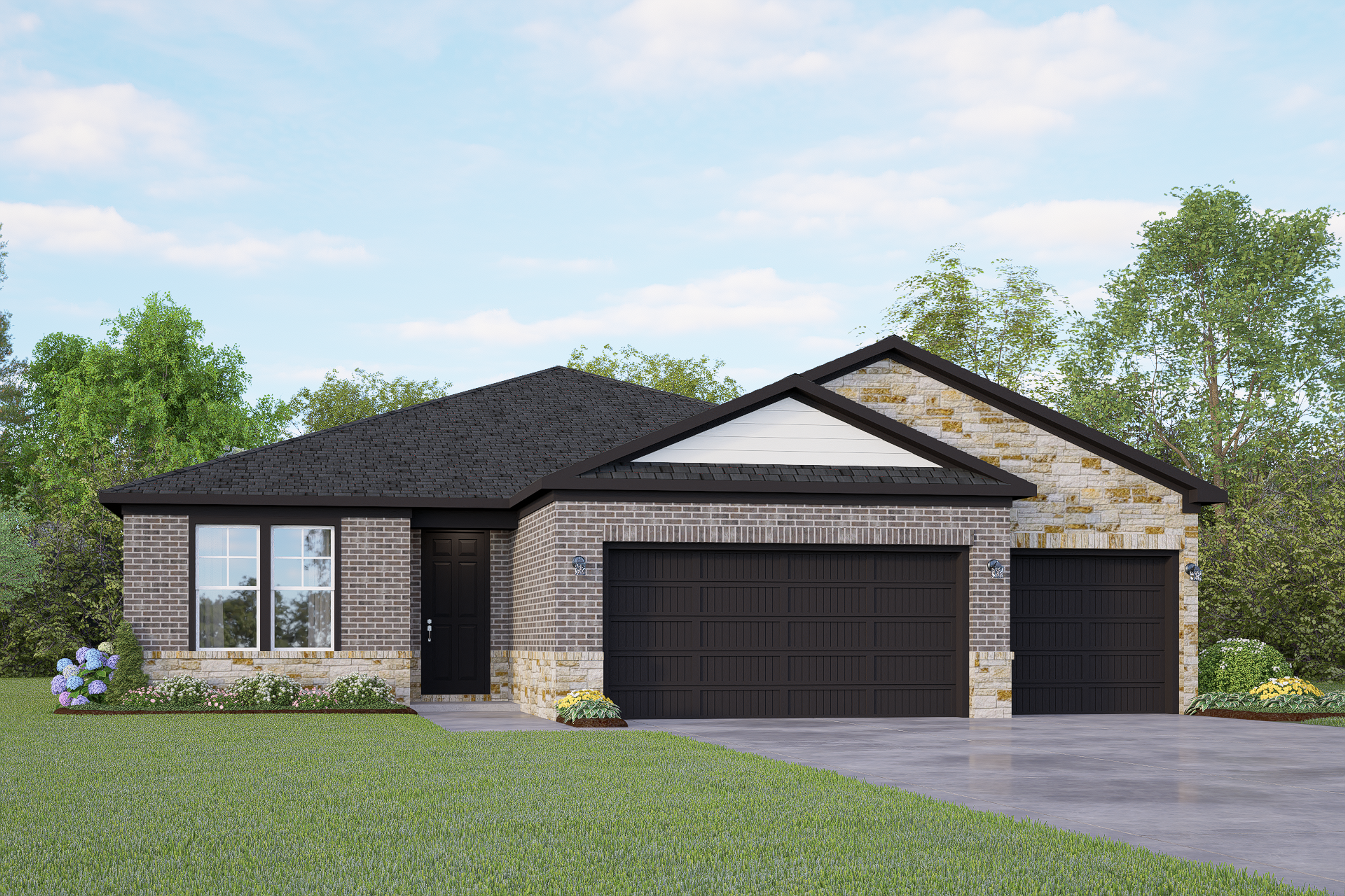 Lanier G single-story home elevation with brick and stone facade, black roof, 3-car garage, and landscaped yard in San Antonio