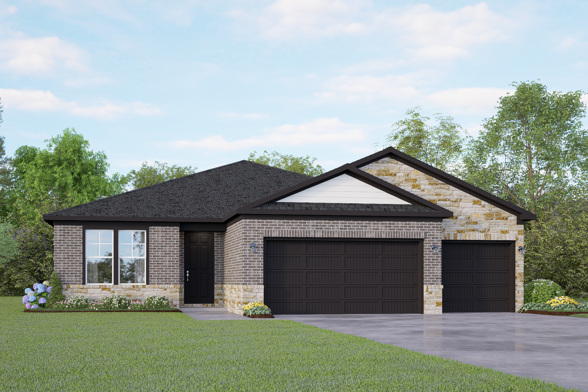 Lanier G single-story home elevation with brick and stone facade, black roof, 3-car garage, and landscaped yard in San Antonio