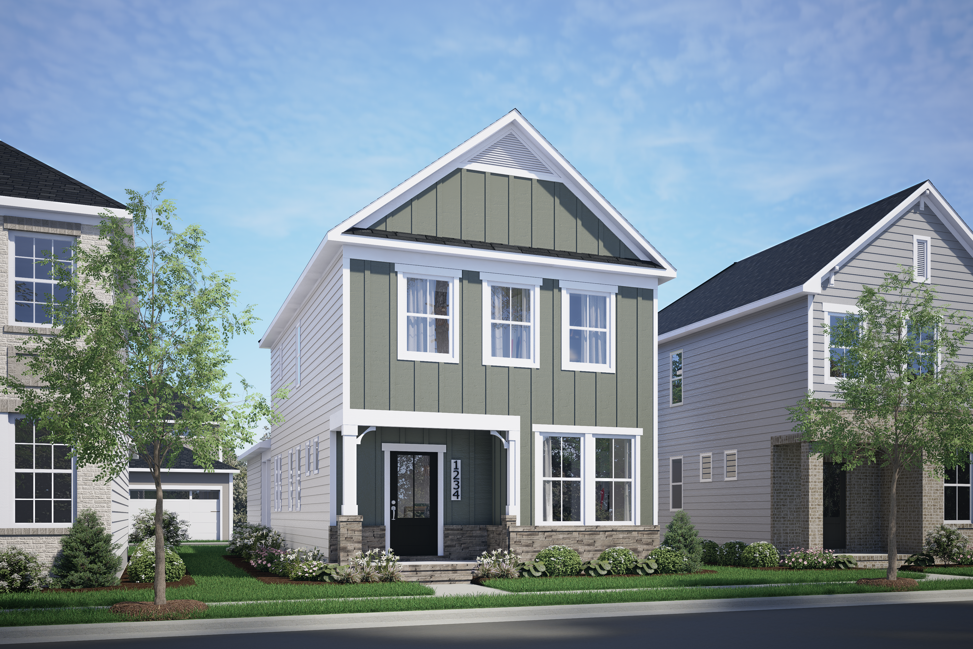 Two-story The Alexander B home elevation with sage green siding, stone accents, and two-car garage in Knightdale NC