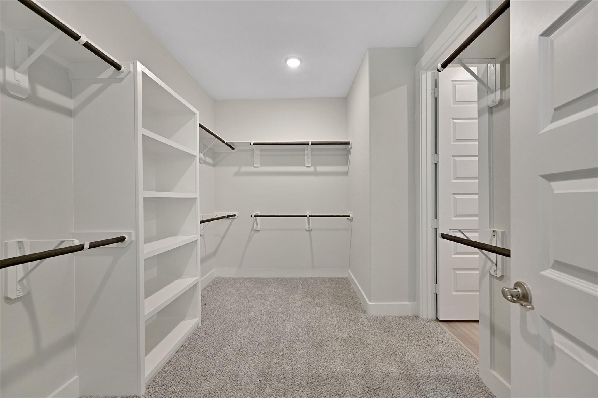Spacious walk-in closet with white built-in shelves, hanging rods, and gray carpet in Davidson Homes The Edward A master suite, Lago Mar, Texas