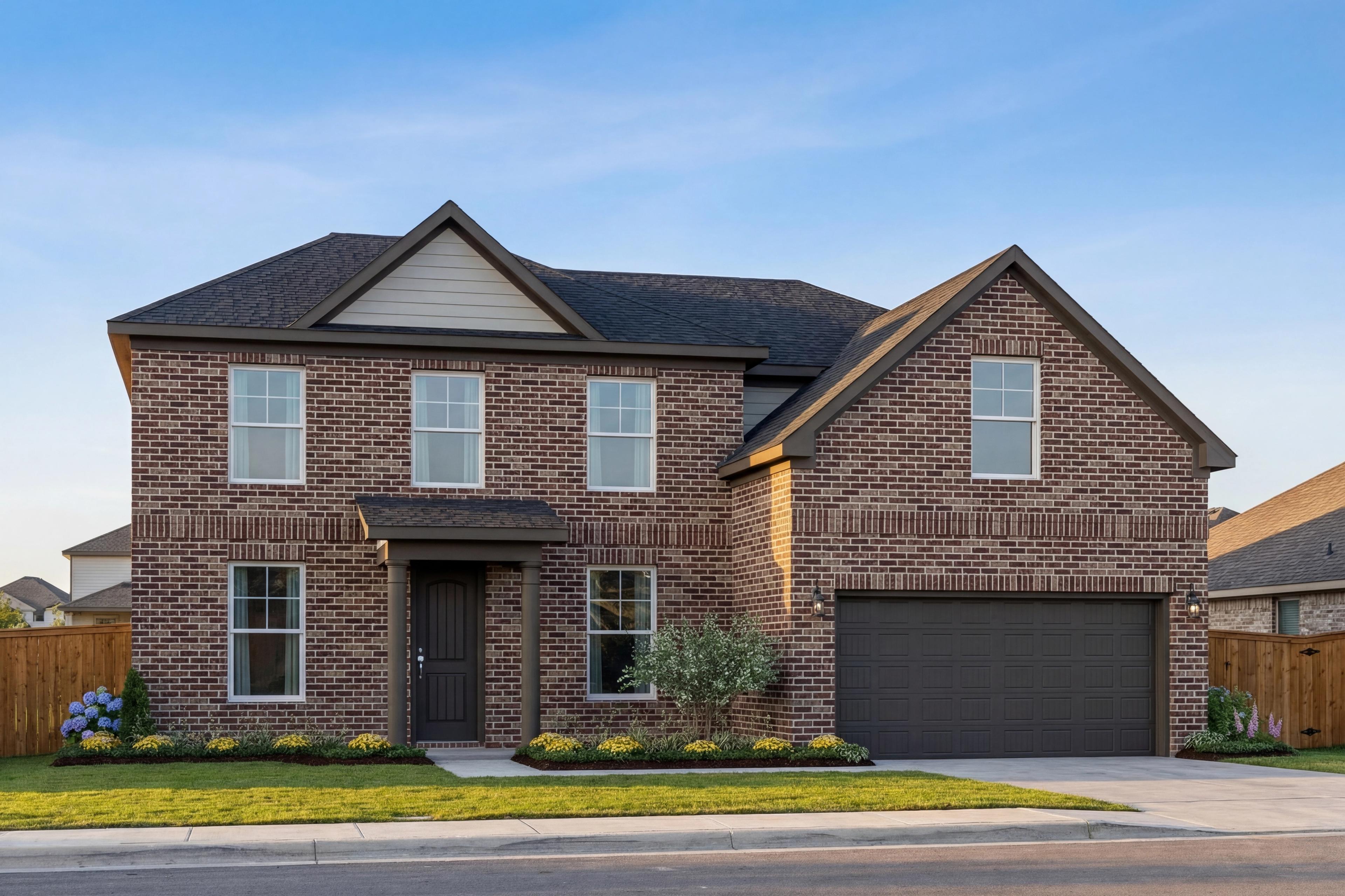 Two-story brick elevation of the Danbury G by Davidson Homes, featuring 2-car garage, front porch, and landscaped yard in Castroville, TX