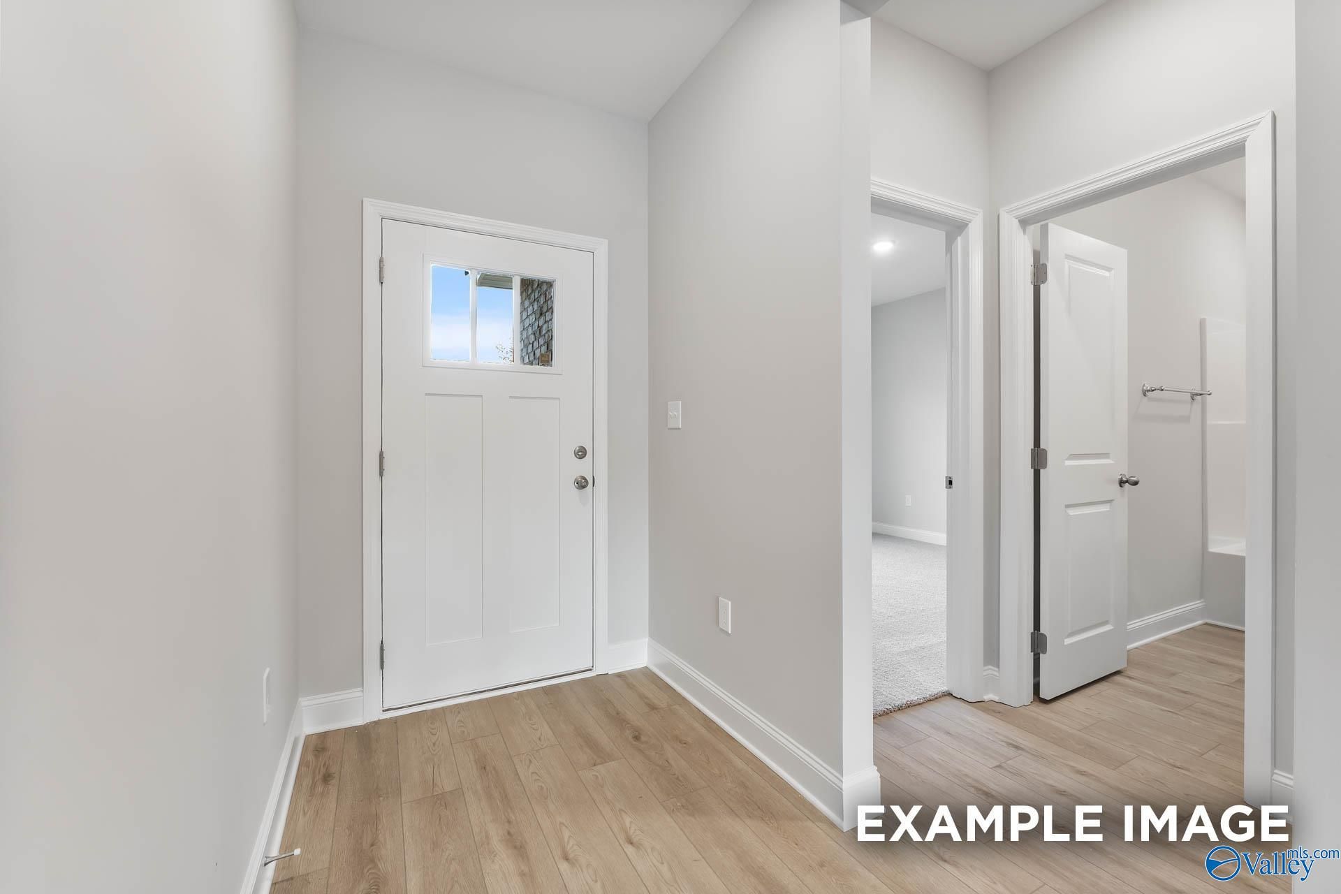 Modern entryway with white glass-panel front door and open bathroom doorway in Davidson Homes The Franklin C, Toney, Alabama