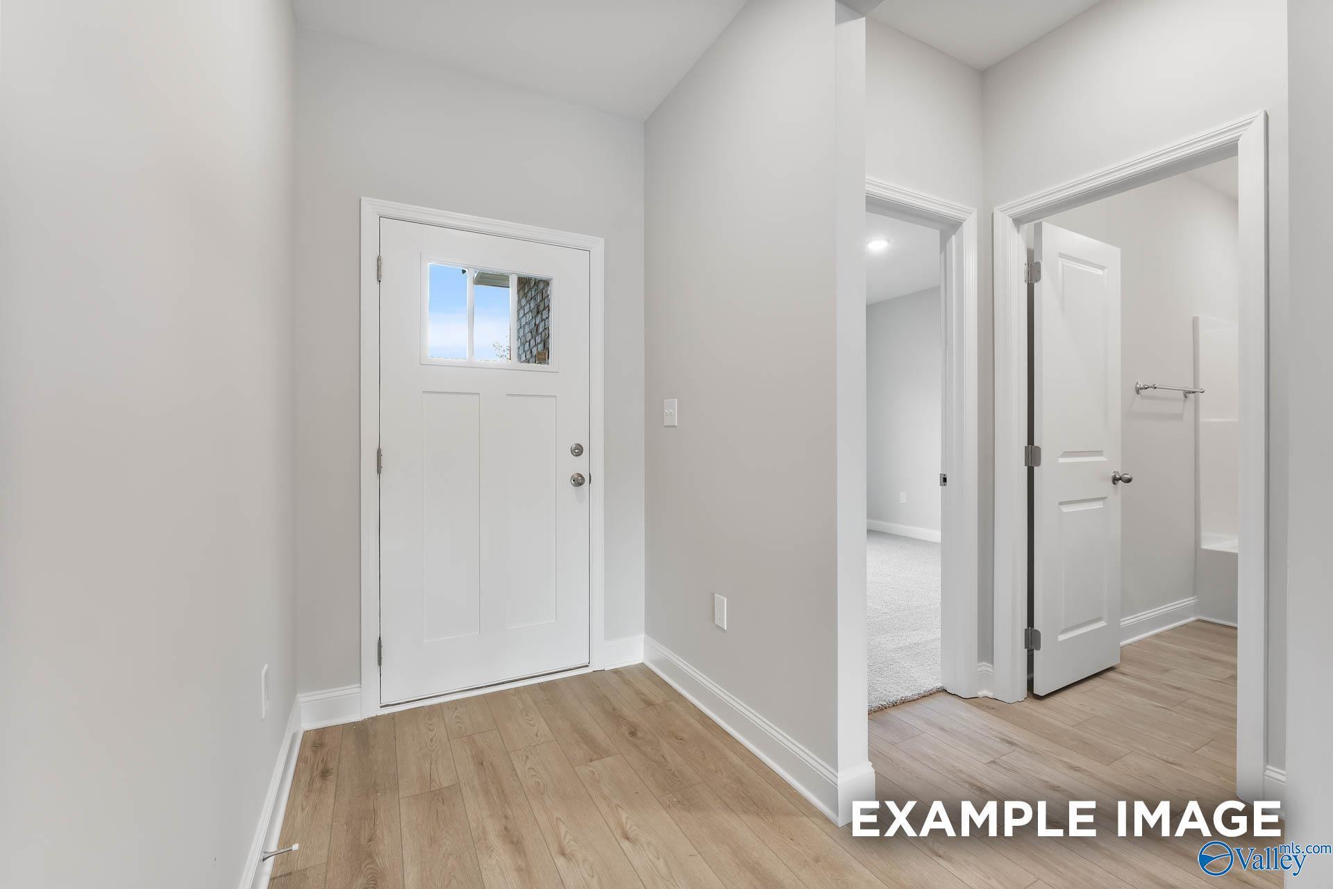 Modern entry foyer with white glass-paneled door, gray walls, oak floors, and adjacent bathroom in Davidson Homes The Franklin, Athens AL