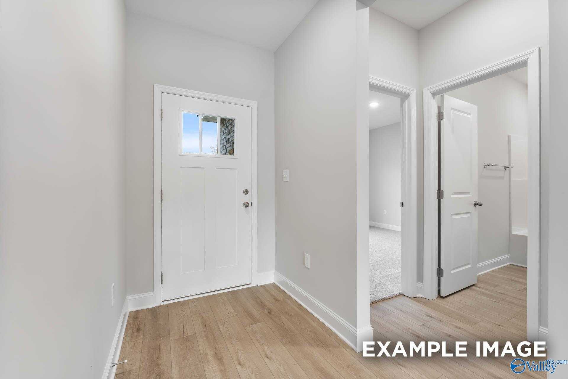 Bright entry foyer with white glass-paneled front door, gray walls, hardwood floors, and adjacent bathroom in Davidson Homes The Franklin C, Athens Alabama