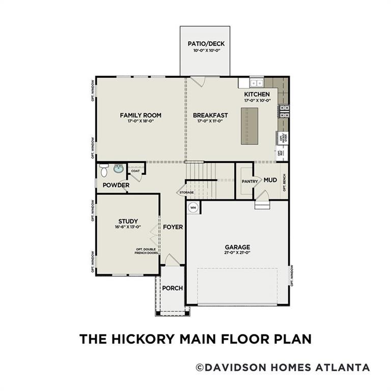 The Hickory main floor plan with open kitchen, family room, study, 2-car garage in Davidson Homes Cedar Farms, Winder, Georgia