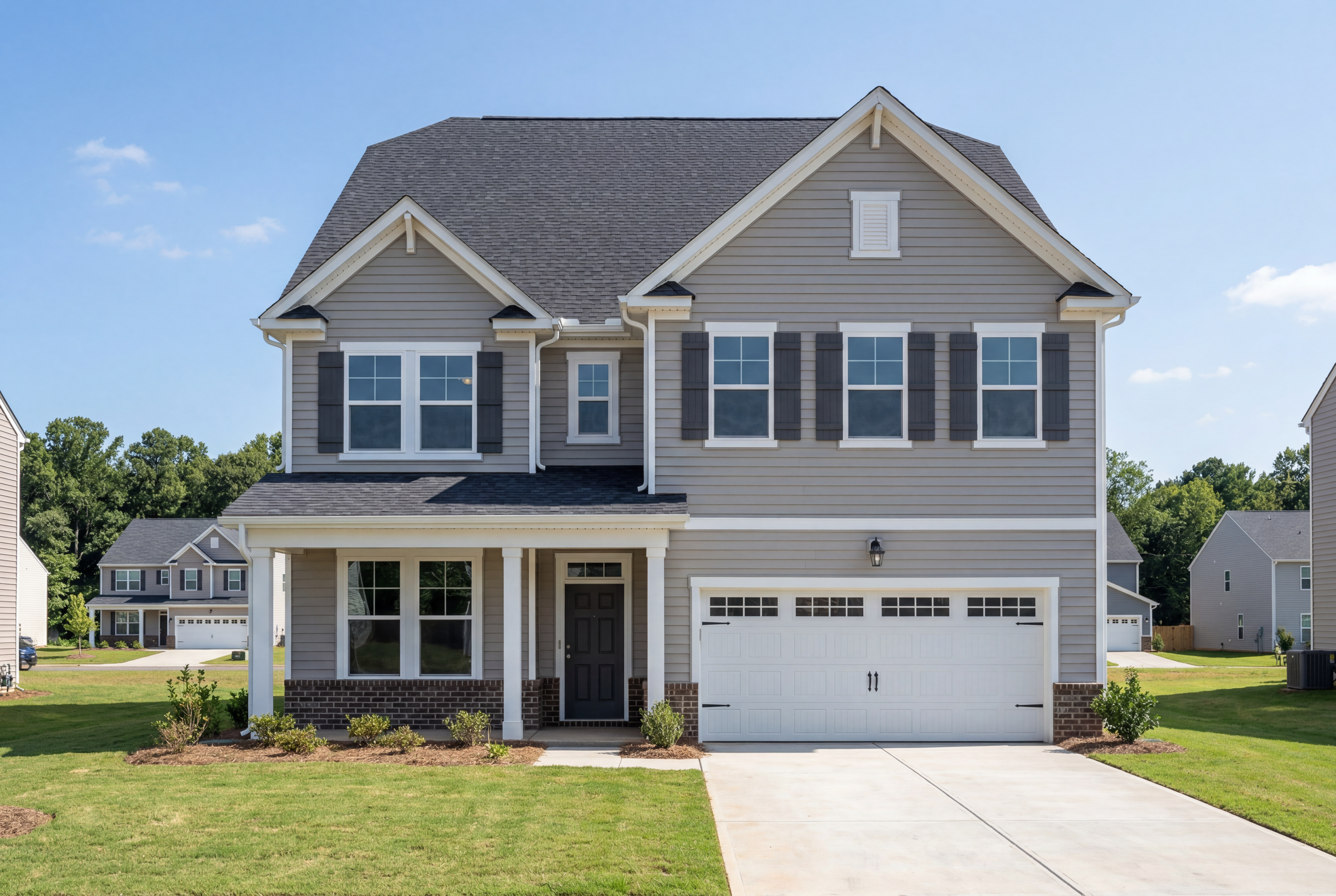 Modern two-story Aspen A home elevation with gray siding, black shutters, two-car garage, and covered porch in Belmont NC