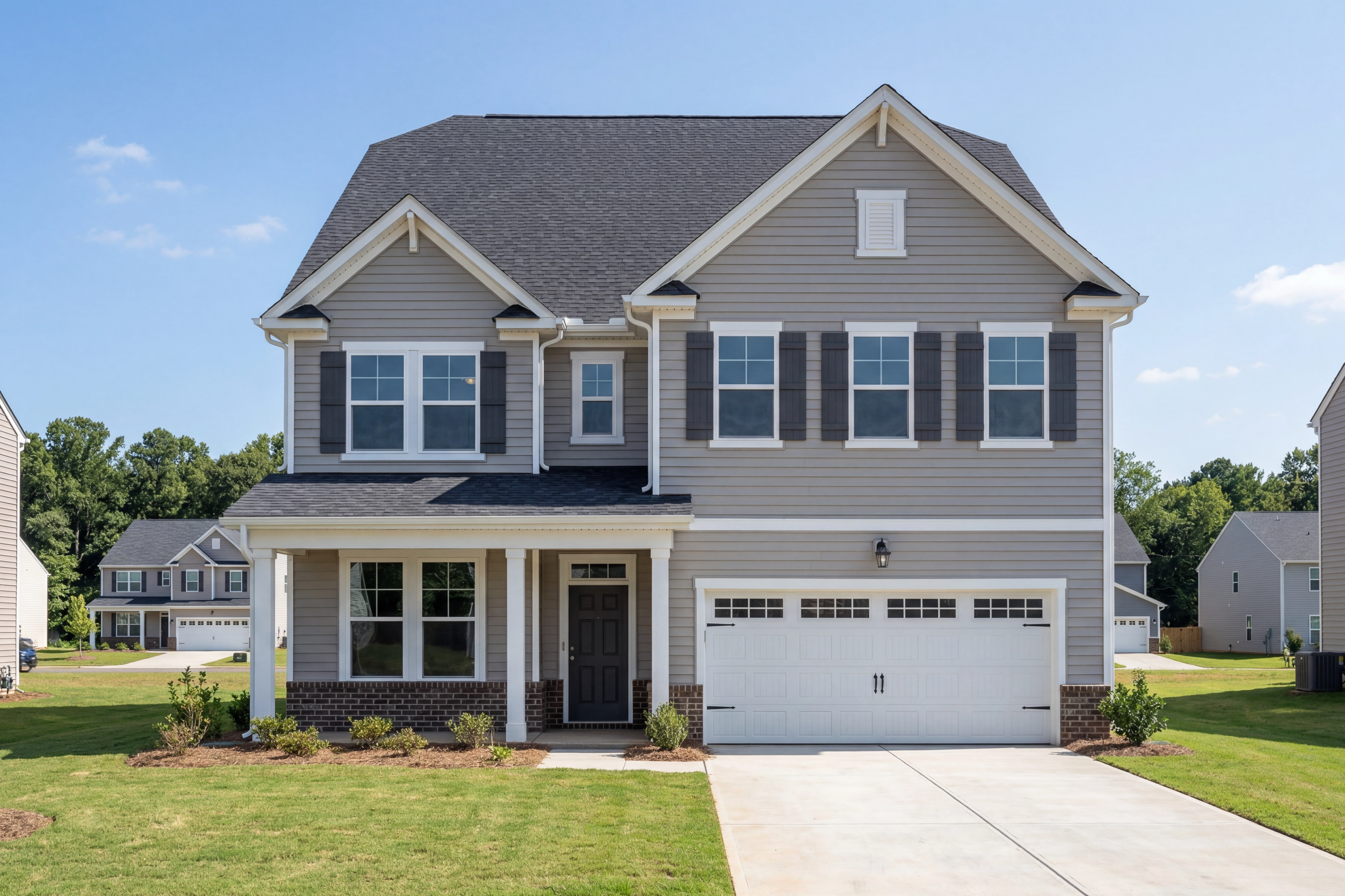Modern two-story Aspen A home elevation with gray siding, black shutters, two-car garage, and covered porch in Belmont NC
