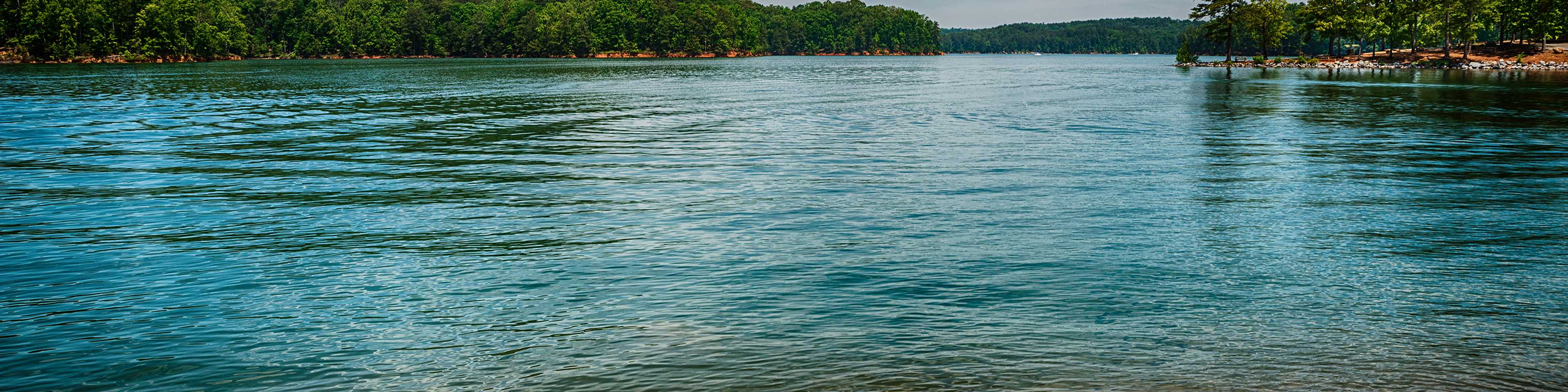 Scenic lake with clear blue waters, rocky shoreline, lush green hills, and pine trees in Emerson community