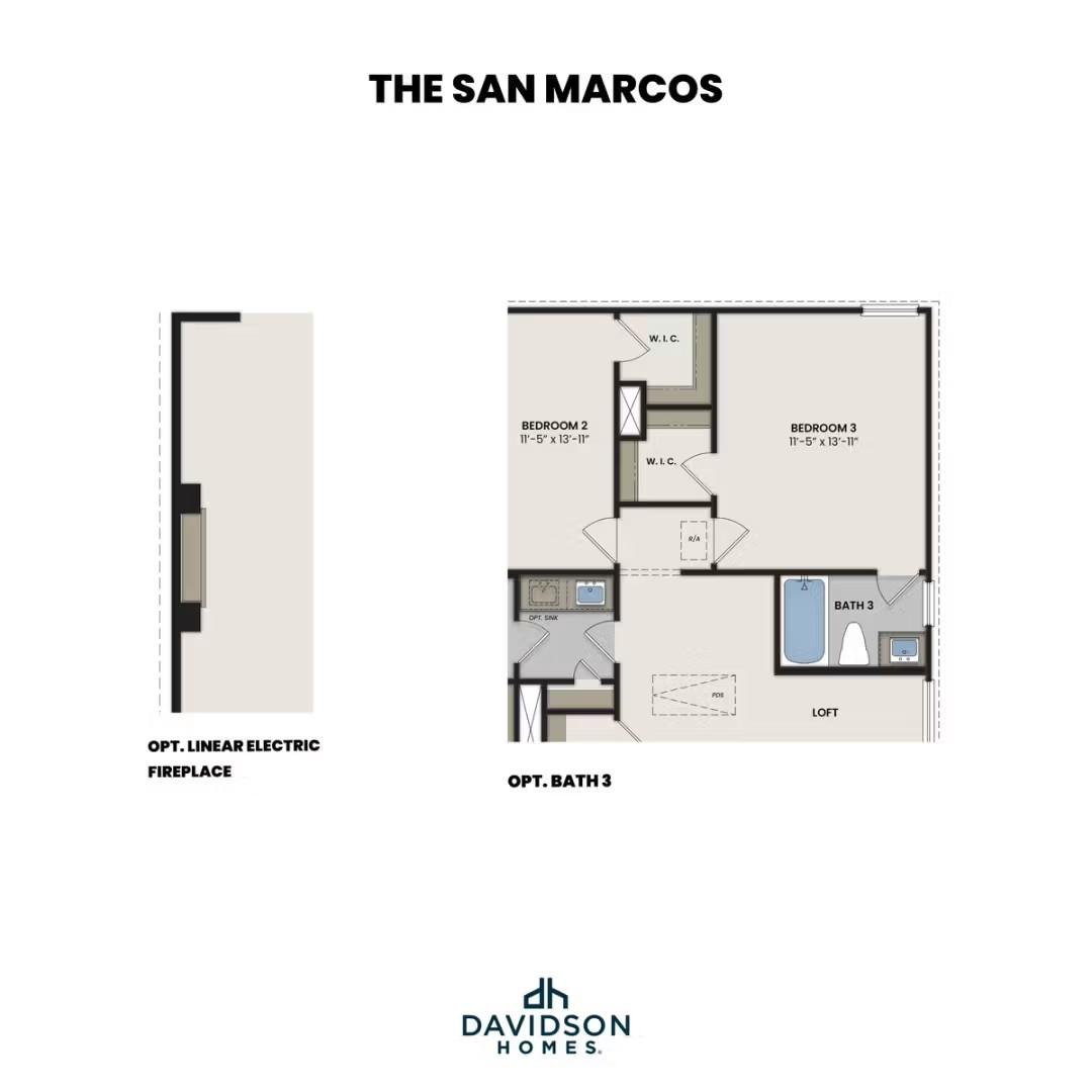 Floor plan showing optional Bath 3, loft, and linear electric fireplace for The San Marcos E by Davidson Homes in Heartland.