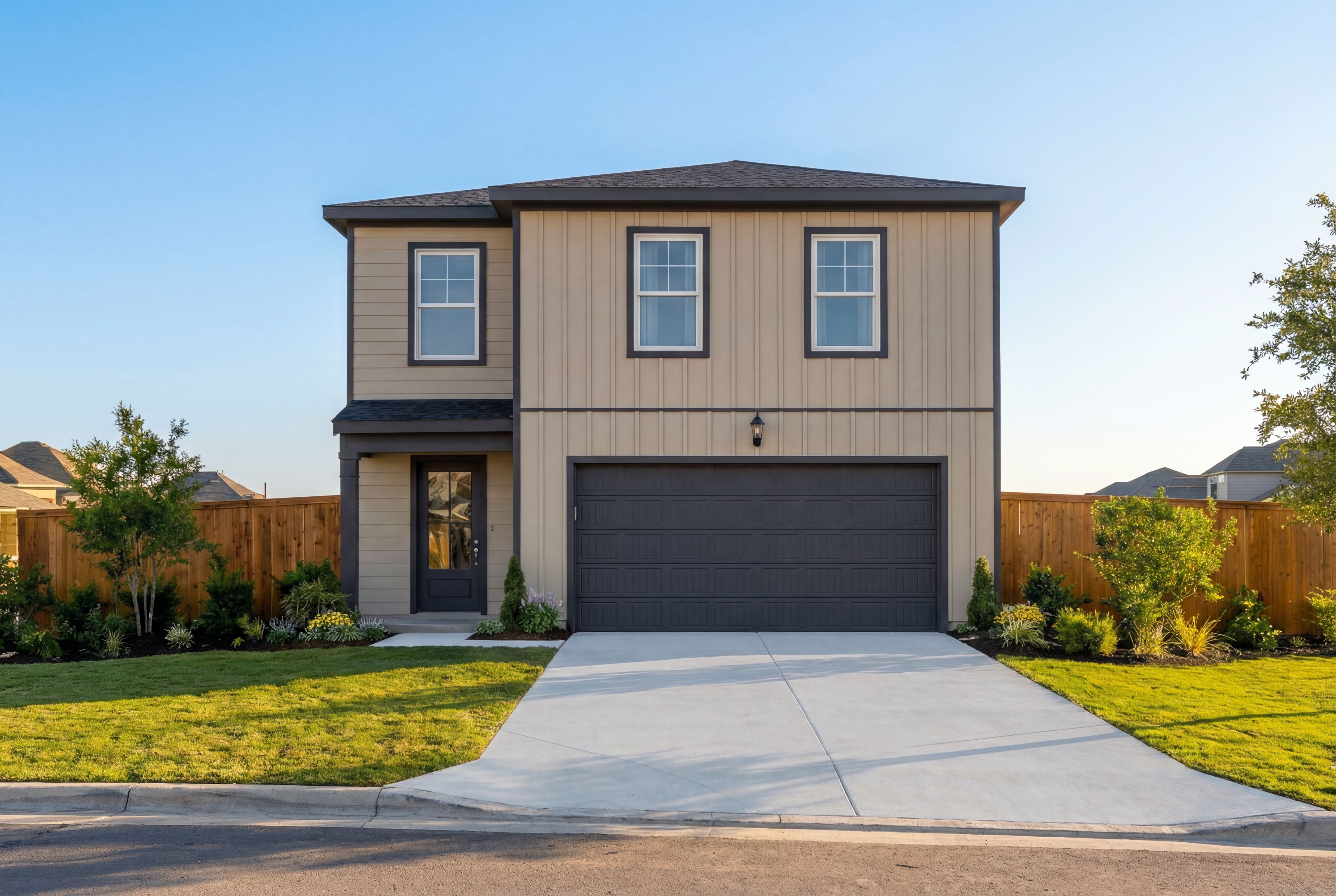 Modern two-story facade of The Blanco A with beige siding, dark garage door, and lush front yard landscaping in San Antonio