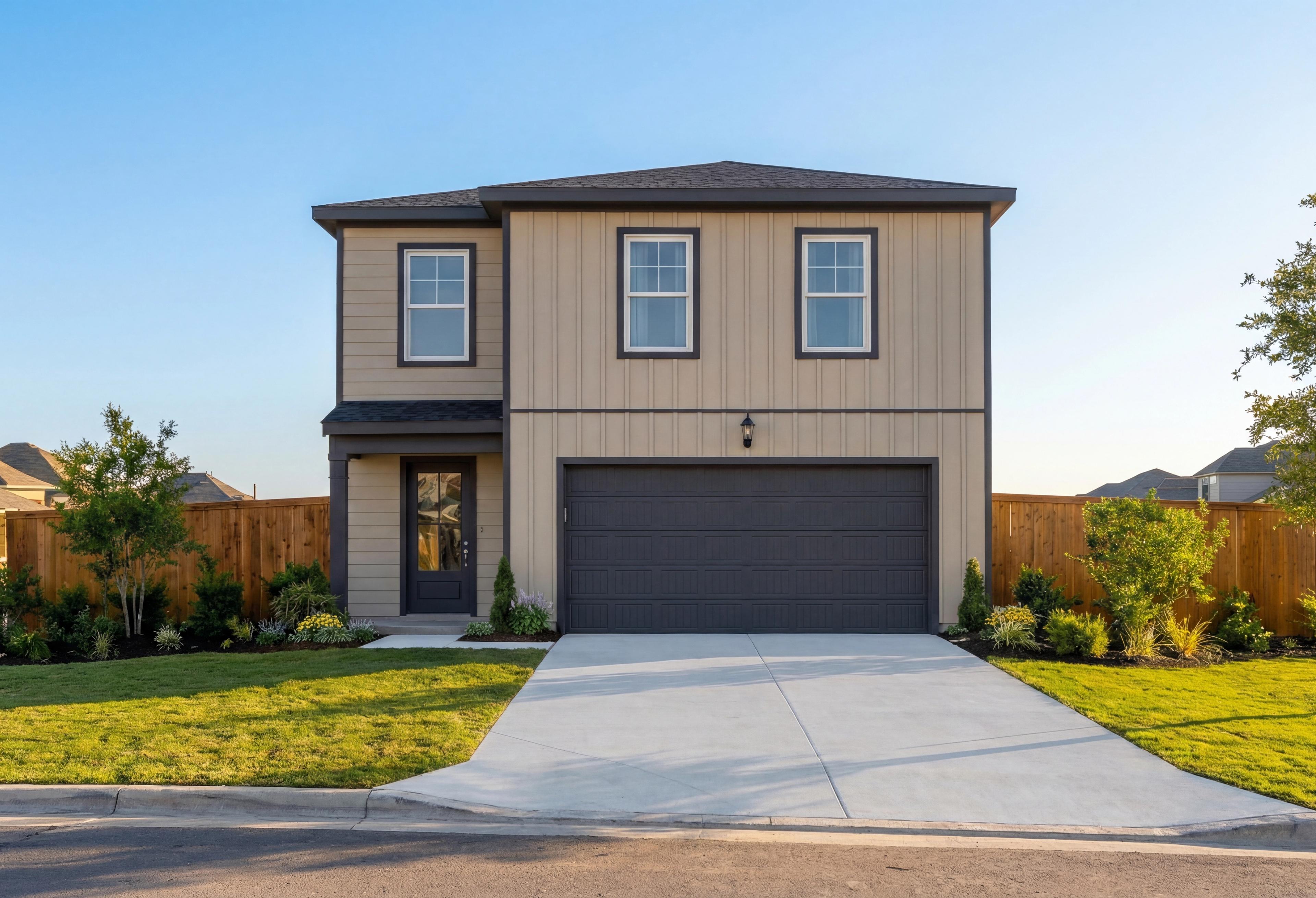 Modern two-story facade of The Blanco A with beige siding, dark garage door, and lush front yard landscaping in San Antonio