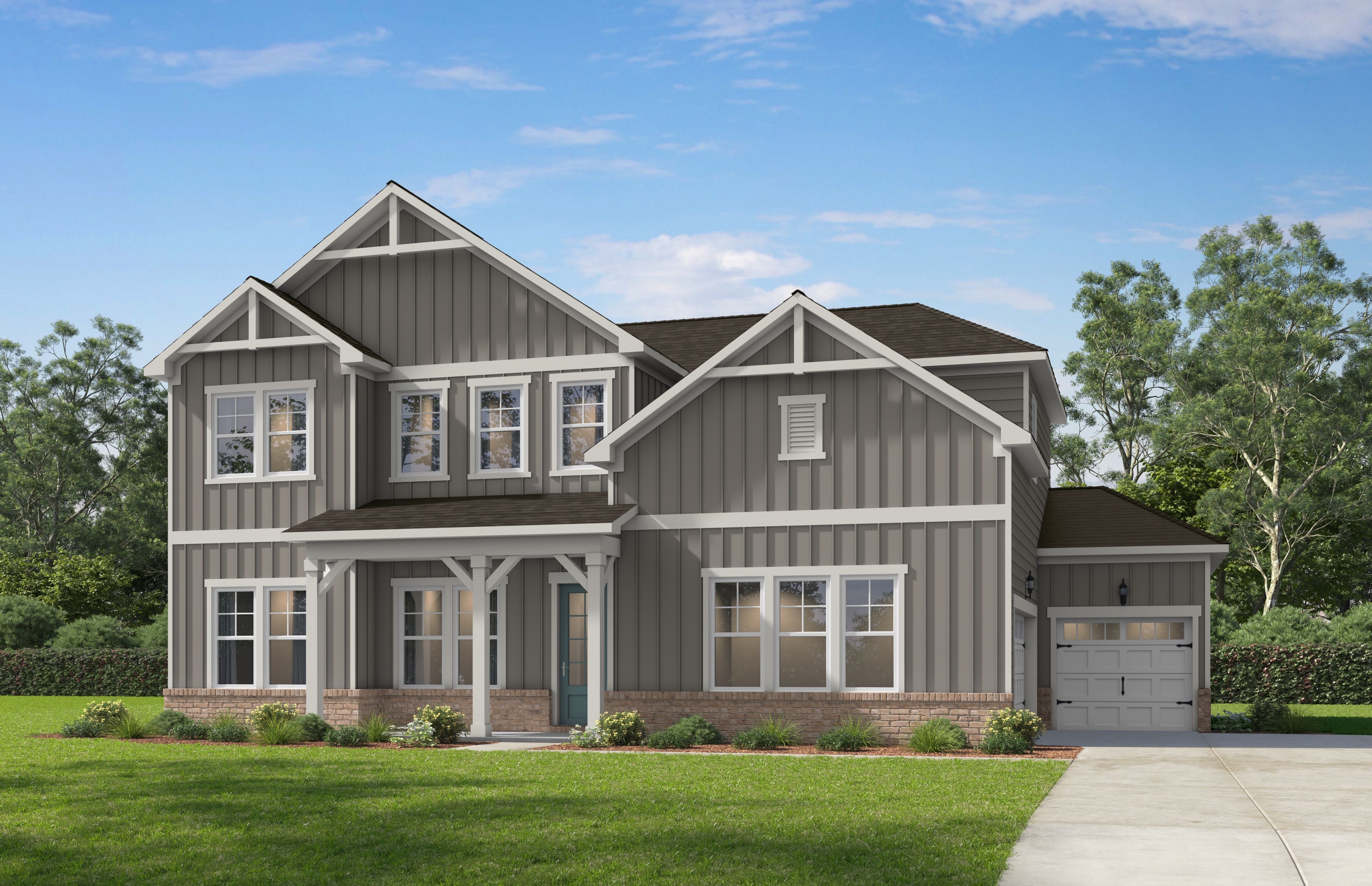 Modern farmhouse exterior at Rockport in Wake Forest, NC, built by Davidson Homes with board and batten siding.