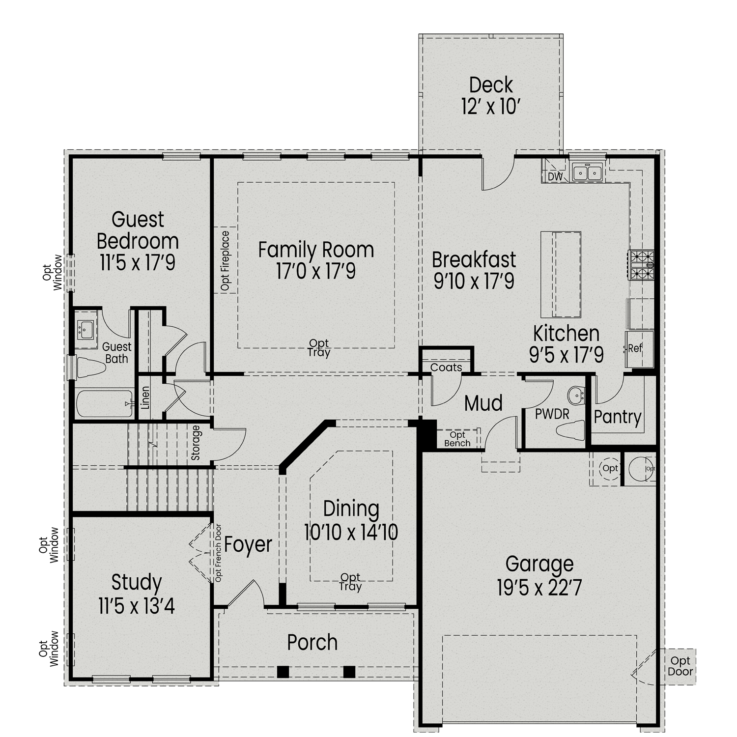 First floor plan of The Crawford showcasing open-concept family room, gourmet kitchen, dining area, and 2-car garage
