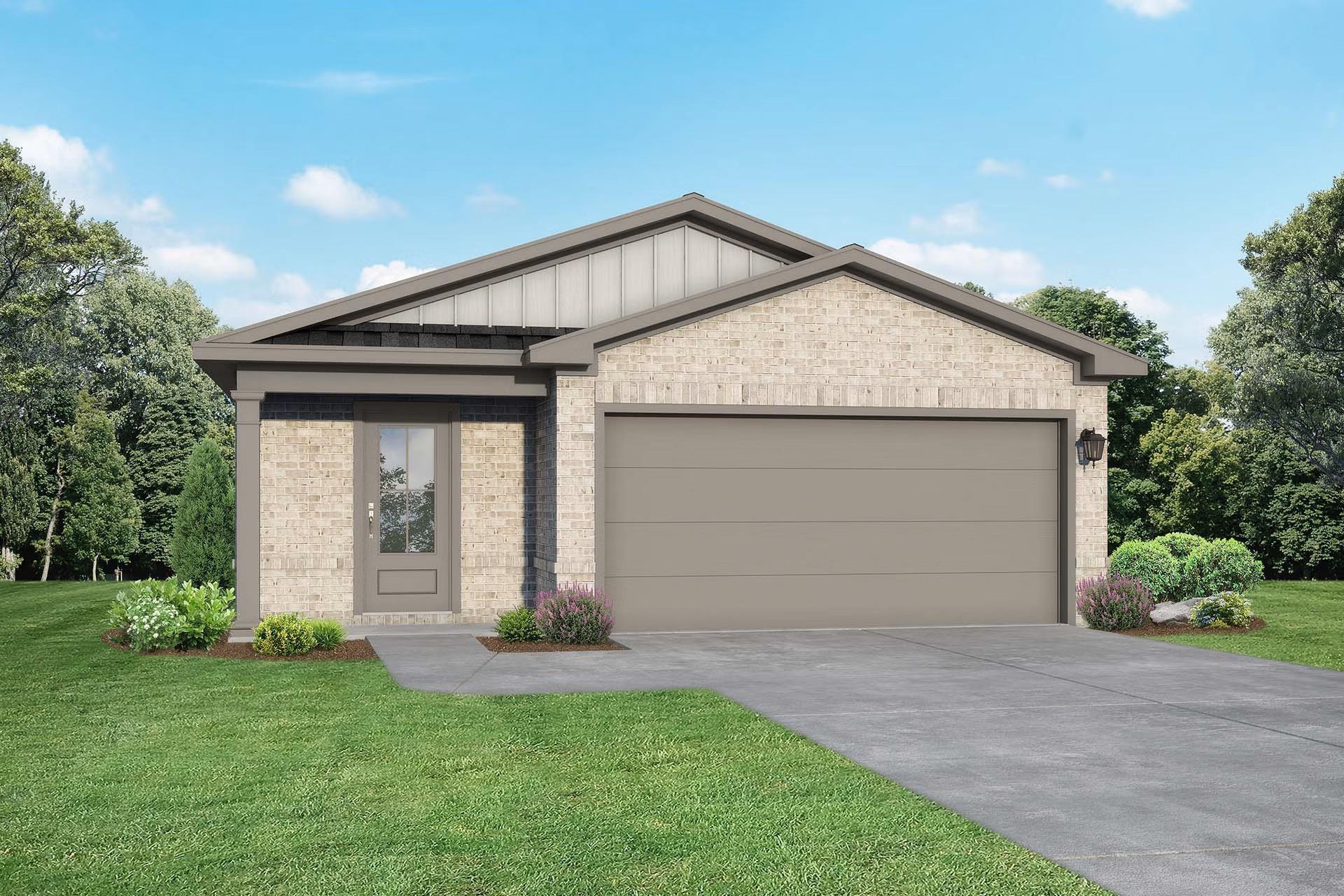 Modern beige brick single-story home with 2-car garage, front porch, and landscaped yard in Liberty Estates, Cleveland, Texas by Davidson Homes The Frio F