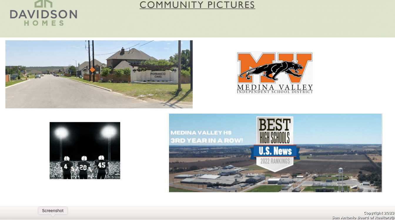Davidson Homes community collage: Neighborhood street in The Reserve at Potranco Oaks, Medina Valley High School logo, night football game, Castroville Texas