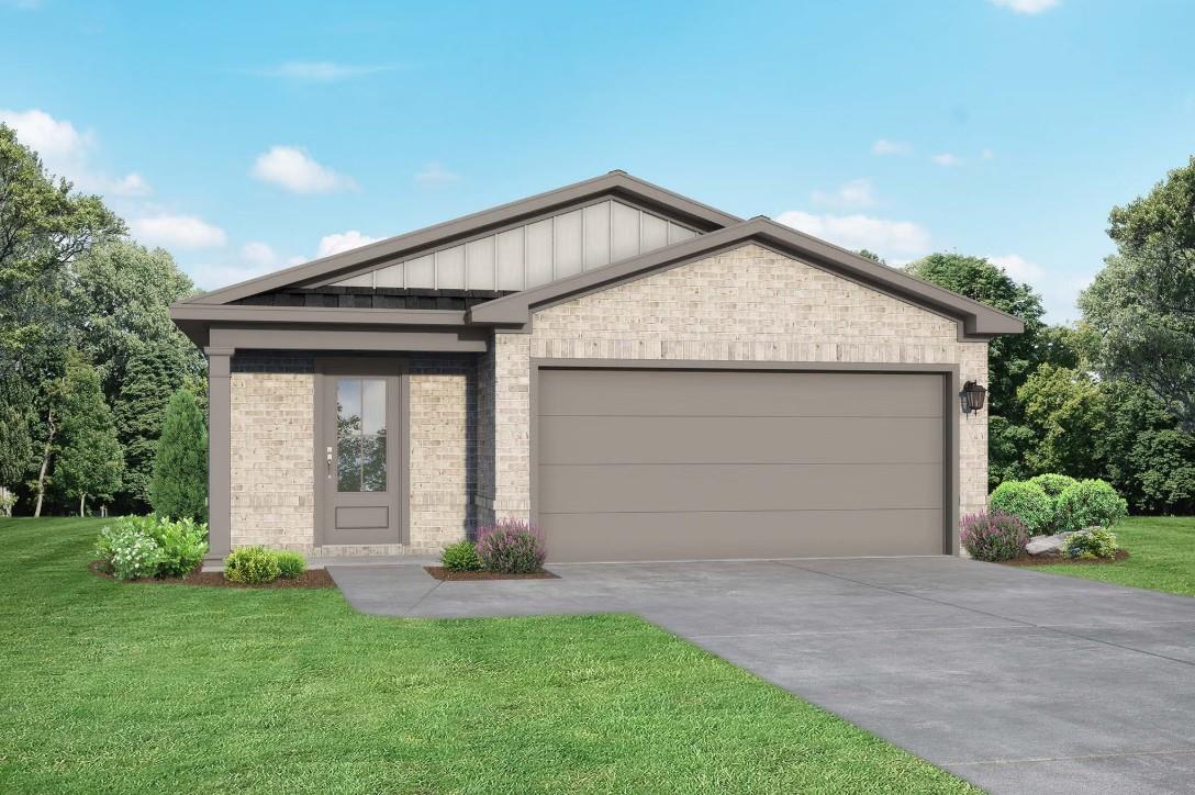 Modern single-story brick home with 2-car garage, covered entry, and lush landscaping in Caney Creek Place, Conroe, Texas