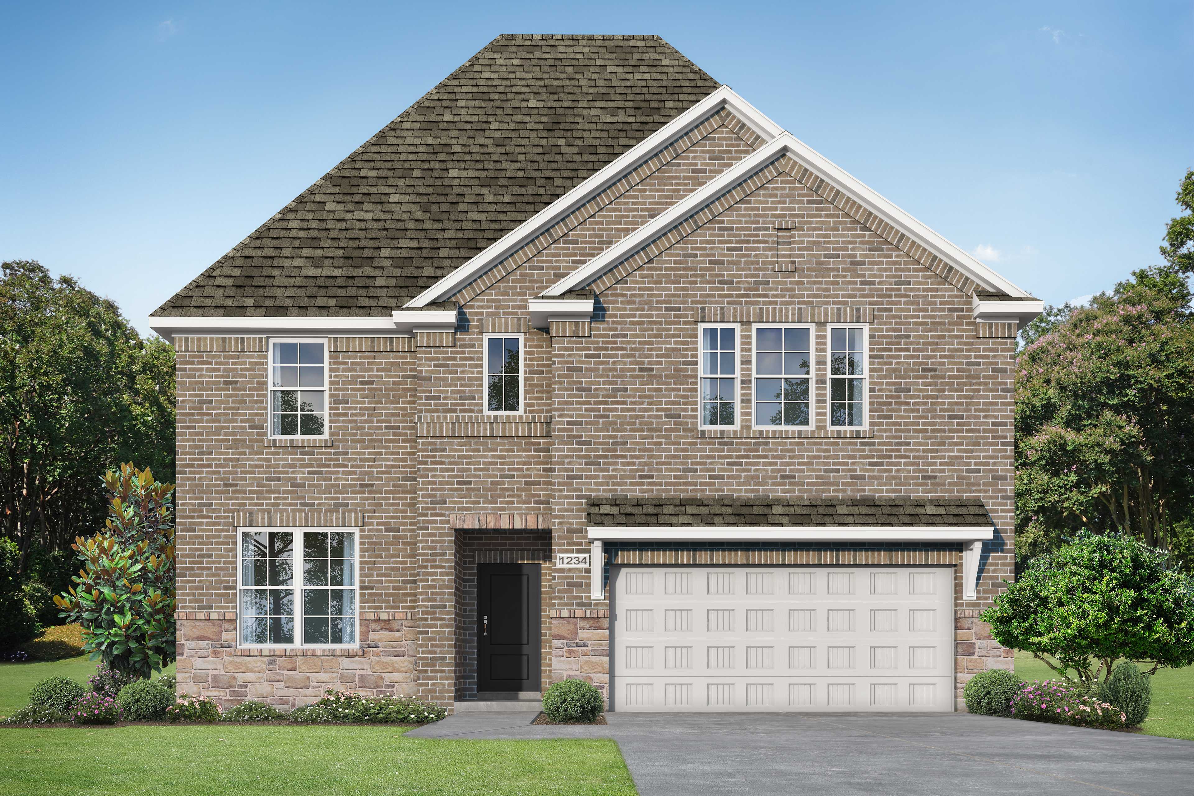 Two-story brick Sequoia home design with gabled roof, double garage, front porch, and landscaped yard in Royse City