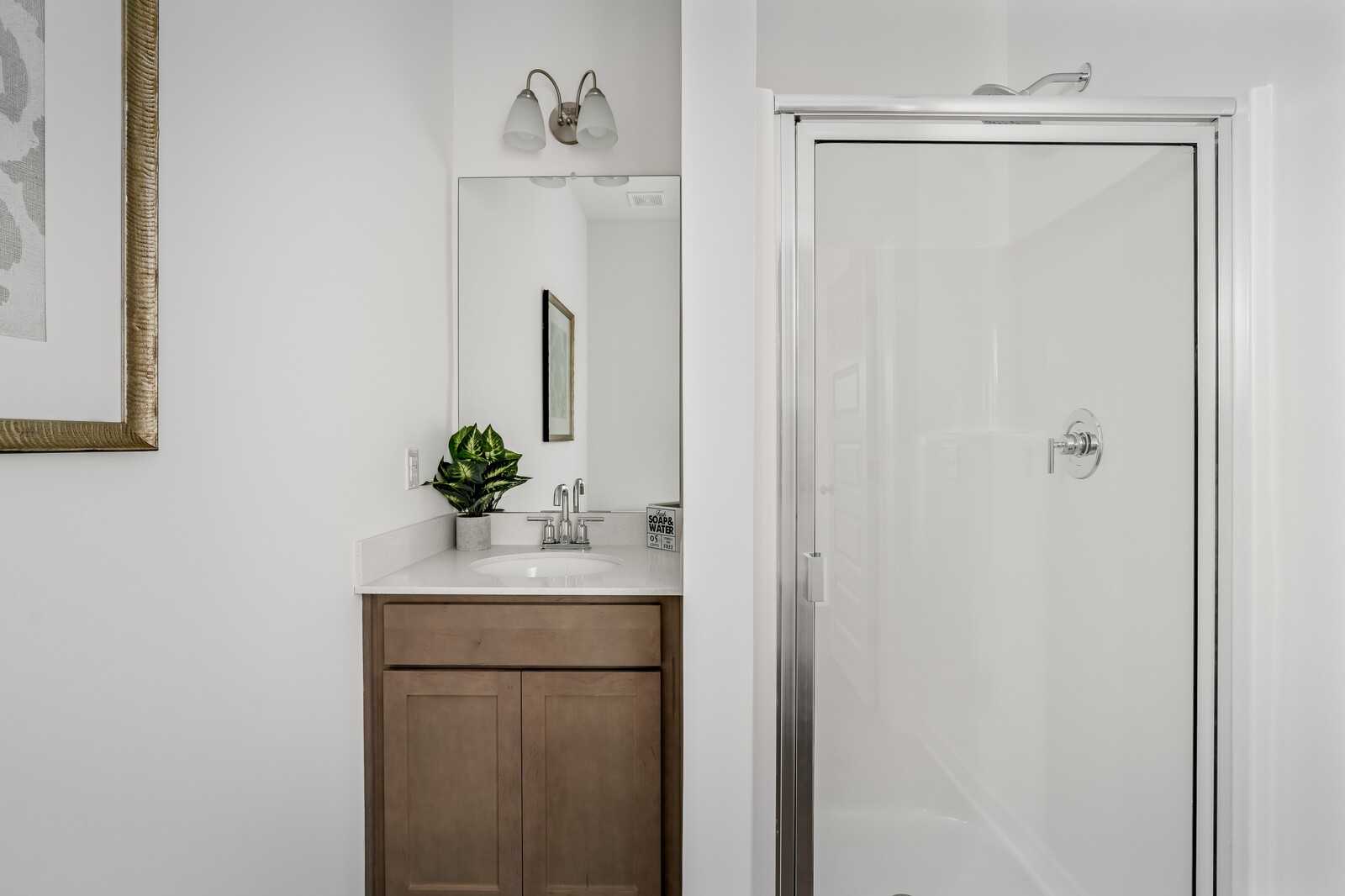 Elegant bathroom with wooden vanity sink, glass shower door, and potted plant in Davidson Homes The Cumberland A, Gallatin, TN