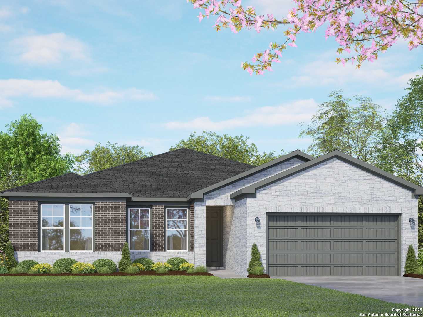 Modern single-story brick home with 2-car garage, white siding, and landscaped yard in Ladera, San Antonio - Davidson Homes The Rockford G