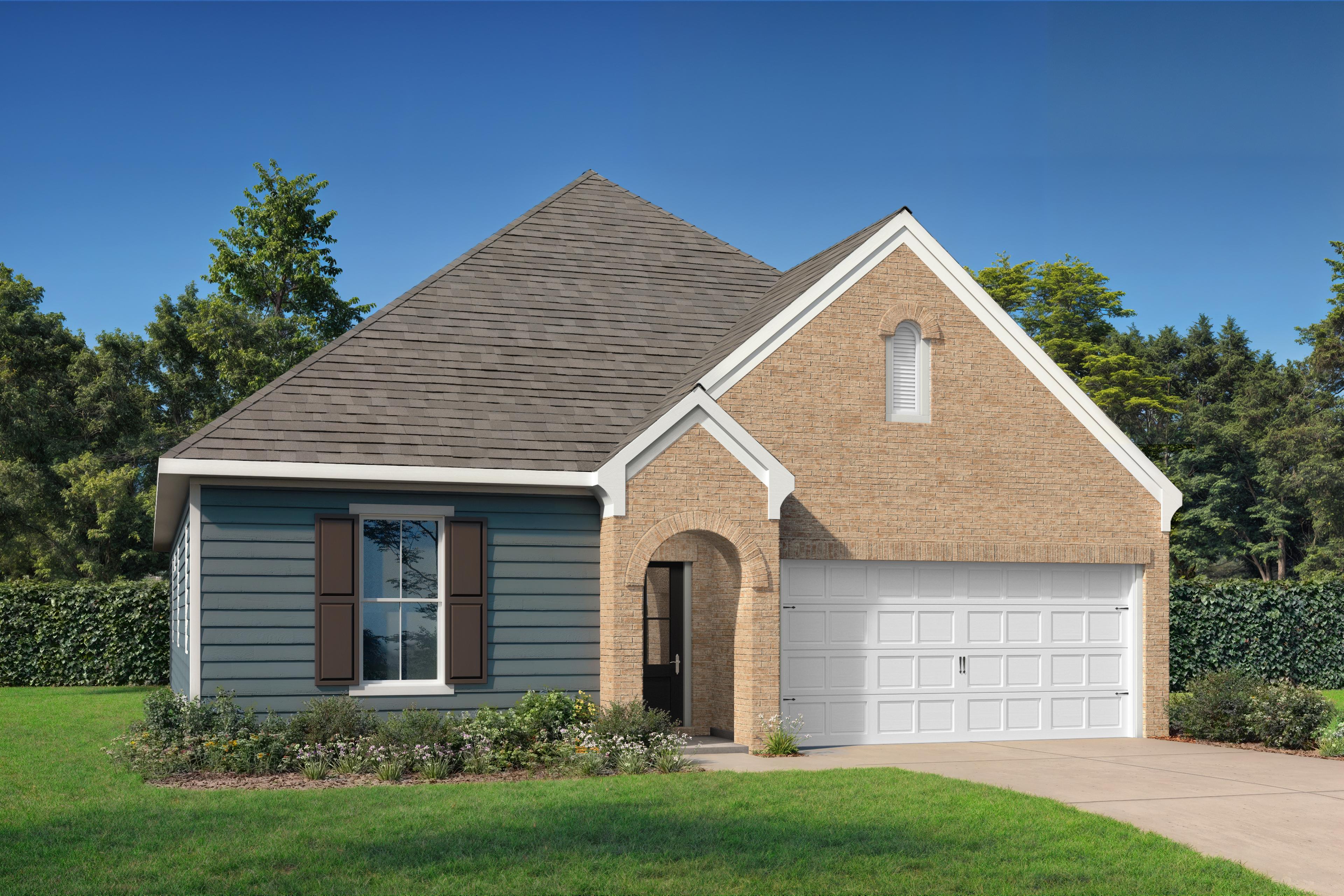 Front elevation of The Cottonwood B single-story home with brick accents, blue siding, arched entry, and 2-car garage in lush landscaping