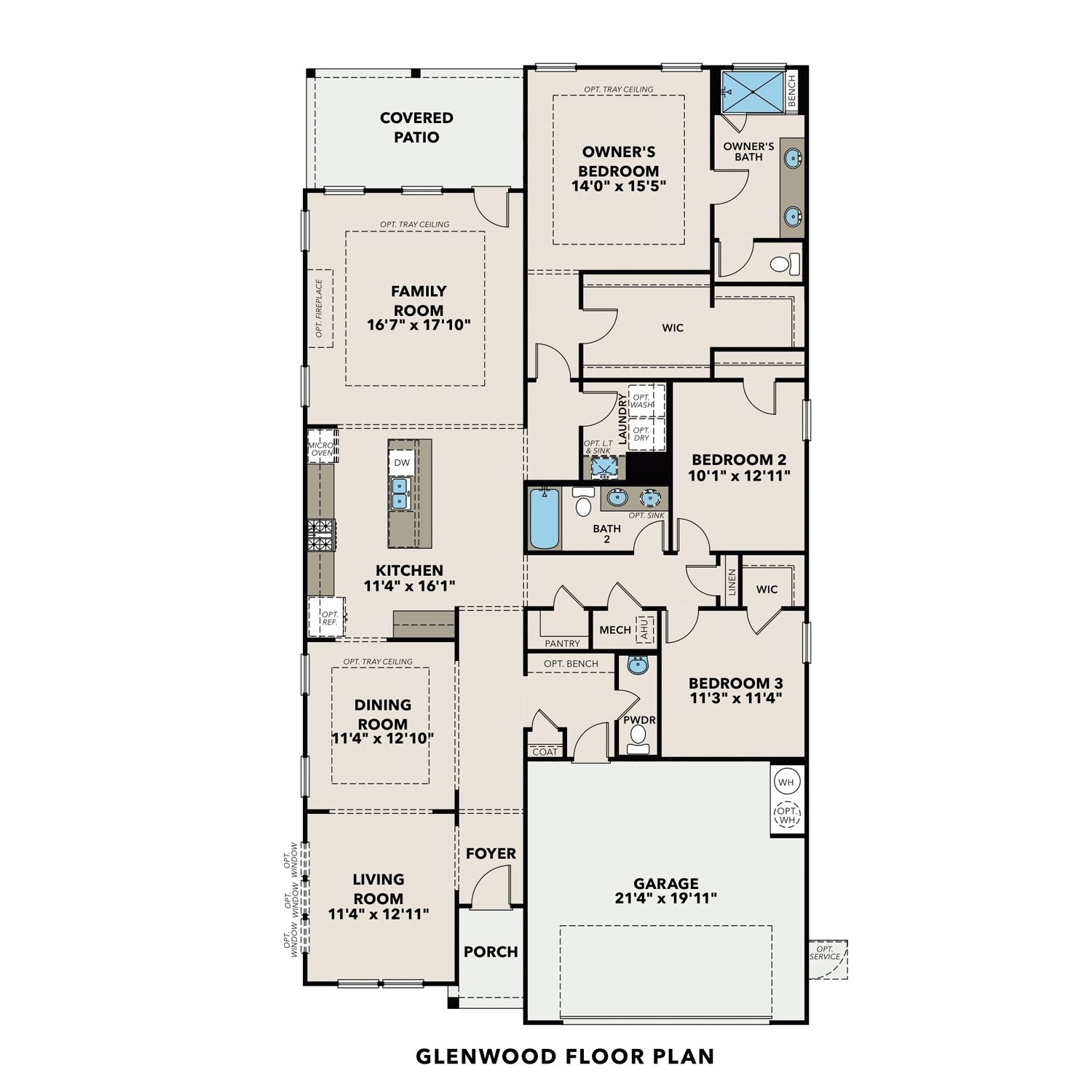 Glenwood 3-bedroom floor plan with open-concept kitchen, dining, living areas, master suite, 2-car garage